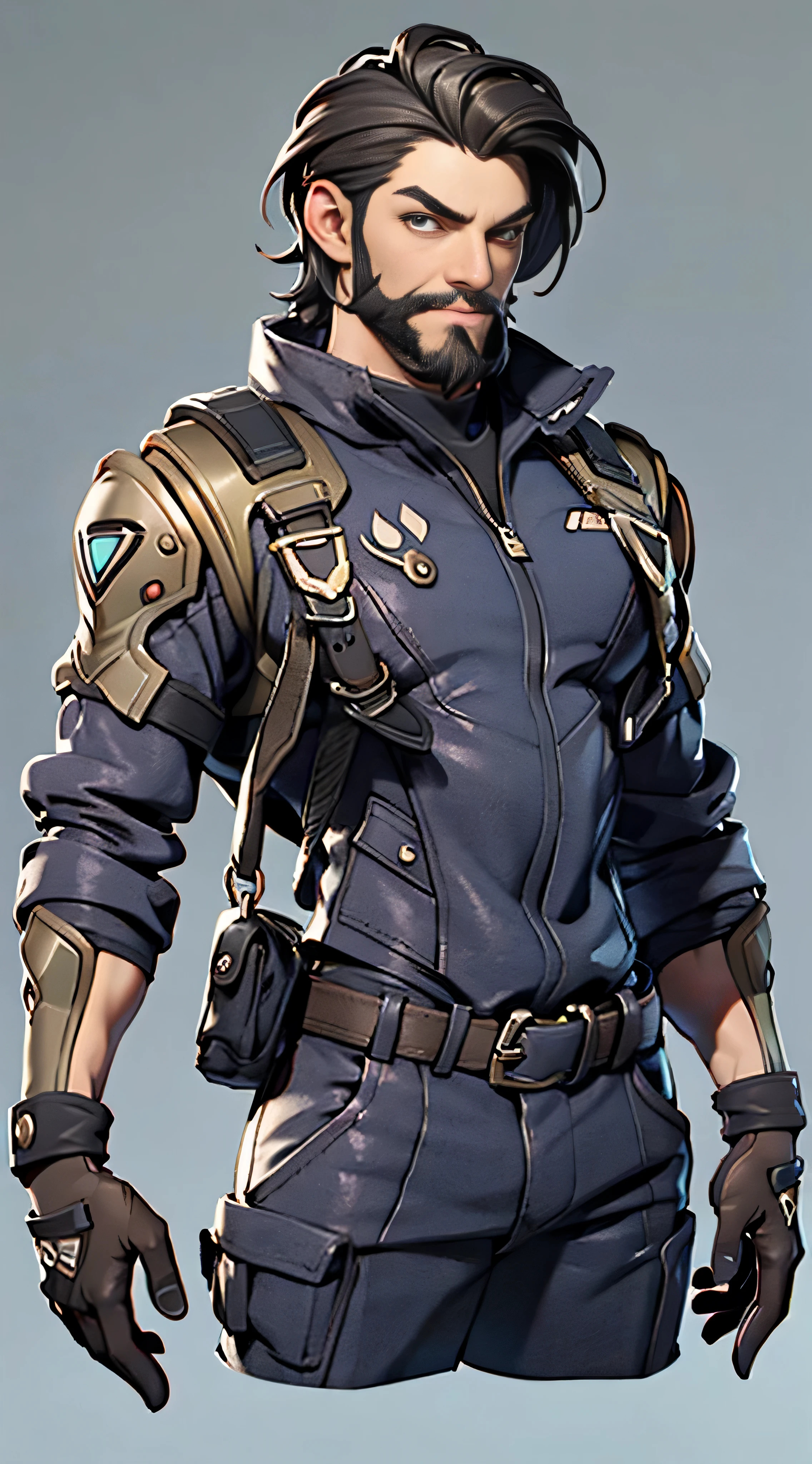 11:23(((Best quality: 1.4))),(Unbeatable masterpiece), (hyper HD),(Hyper-realistic 8k CG)、(Pictures from head to thighs)，（Accurate structure）（dark colored hair）（Shoulders and arms equipped with technical equipment))), (((1 uncle，Grow a beard))),40-year-old American soldier has perfect figure,,delicated face,heavy muscular figure:1.2,Solid royal gray jacket with details, (Pictures from head to thighs)， Complex equipment, Dark purple coat，long trousers，The clothes inside are dark，Clothes with metal technical parts,Tech Armor )