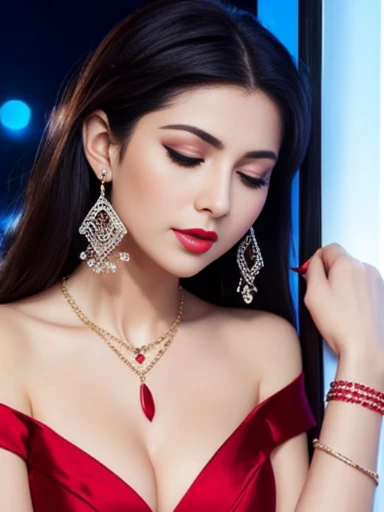 Lebanese lady, diamond dangling earrings, necklace, bracelets, small breasts, red lips, smokey eyes, red long satin slit dress, sad, hot, off shoulder, sleeveless, red cheeks, blush, side swept hair style, cleavages, radiant skin, dark party with neon lights, shy, embarrassed, 40 years old, eyes closed, moaning,
