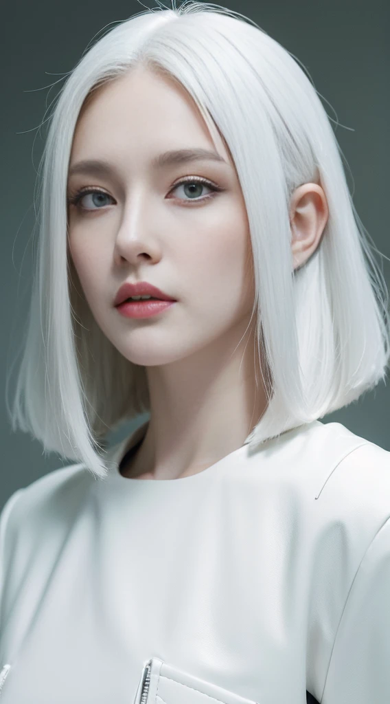 (best quality,portrait:1.2),pale skin,long black-rooted white hair,elongated bob hairstyle,green eyes,pale thin lips,white t-shirt,black leather jacket,eyeliner,portrait, standing in dark