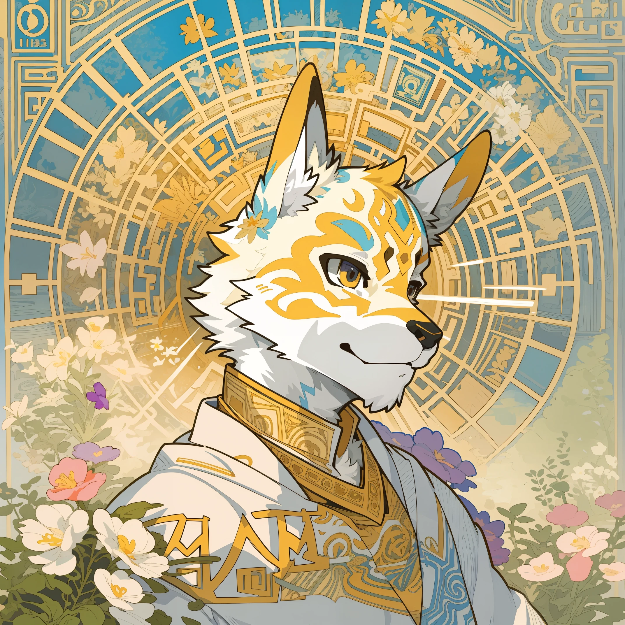 cover_page, highres, top quality, best quality, paid reward available, High-quality illustrations, unparalleled masterpiece, perfect artwork, absurdres, super high resolution, detailed background, logo mark, stamp, Geometric pattern, vector-art, High-quality illustrations by Alfons Mucha, masterpiece(kemono, furry anthro)flower,