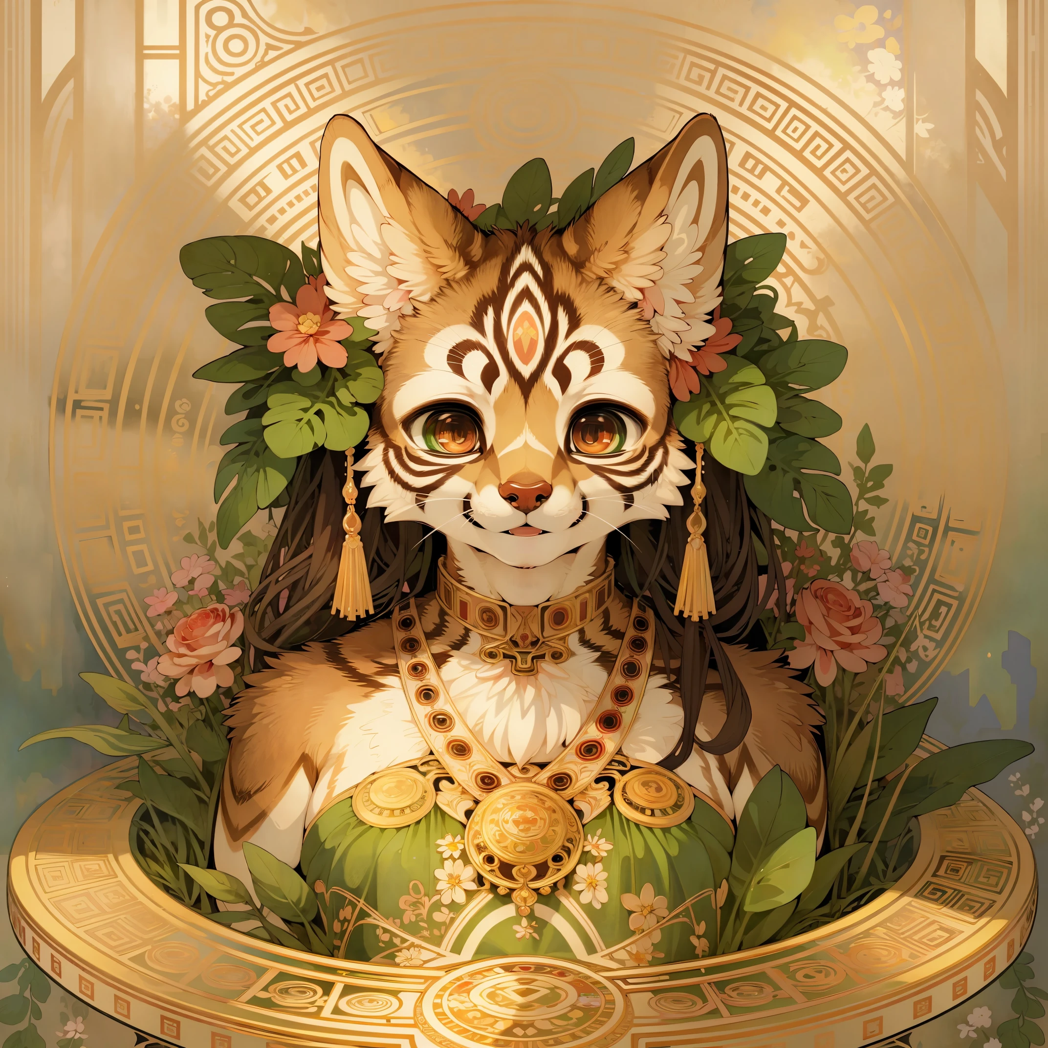 cover_page, highres, top quality, best quality, paid reward available, High-quality illustrations, unparalleled masterpiece, perfect artwork, absurdres, super high resolution, detailed background, logo mark, stamp, Geometric pattern, vector-art, High-quality illustrations by Alfons Mucha, masterpiece(kemono, furry anthro)flower,