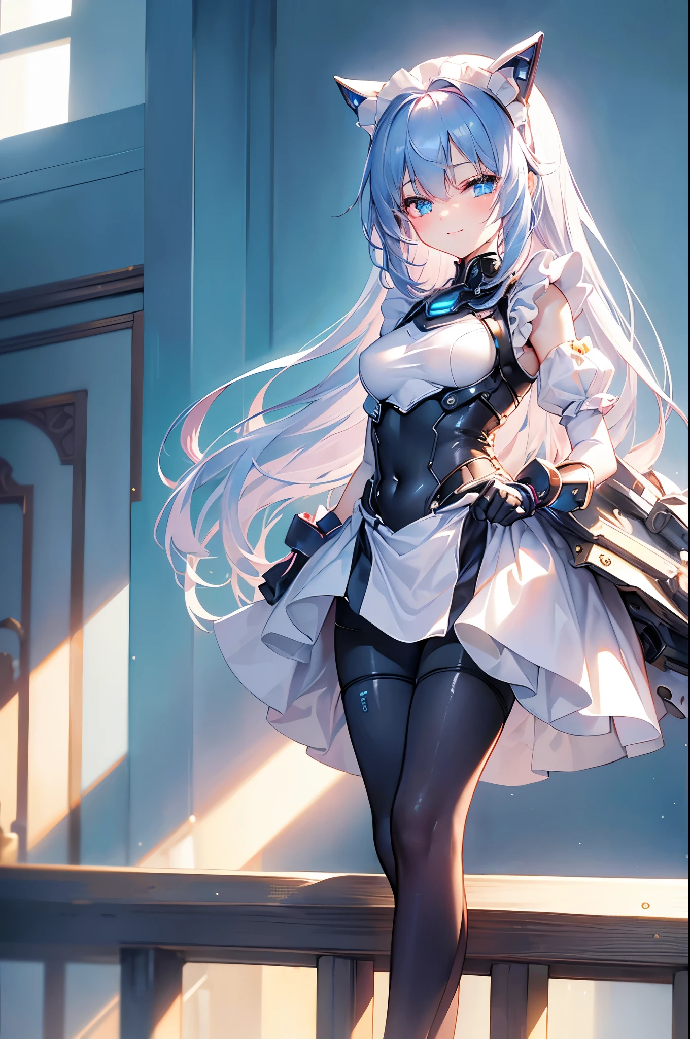 ((4k、8k、top-quality、Perfect Finger:1.3、Perfect Anatomy:1.3、Blur the background))、(cyberpunked:1.3)、((maid style body suit、sixteen years old、a beautiful slender girl、a baby face、straight long hair))、(cute big droopy eyes、closed eyes smile、Fulll body Shot、soio)、knee high socks、blue-sky、Room by the window with bright sunlight、