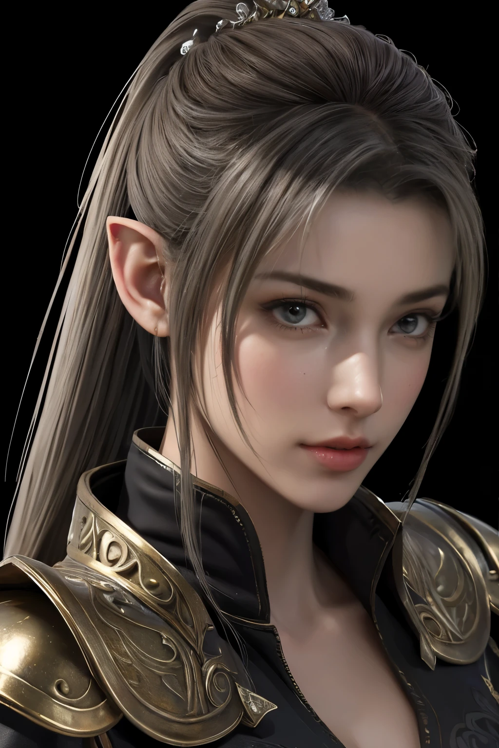Masterpiece,The best qualities,Very high resolution,8K,((Portrait)),((Head close-up)),Original photo,real photo,digital photography,(Female mercenaries in medieval fantasy works),(The adventurers of the medieval fantasy world),22-year-old girl,(The Purple Eye of the Devil),Devil's Corner,((Black ponytail hairstyle)),(Pointy ears),cparted lips,Noble and charming,((Serious)),Elegant and serioave,(Medieval fantasy-style animal skin armor,Buckles,Joint Armor,Cloak,A glowing gem,A delicate pattern,A stately and delicate elvish crownArmor,The stately armor of royalty),(Big breasts),(The Queen of the Elves),medieval characterantasy style,Mysterious light,forest backgrou,facing the audience sideways,oc render reflection texture