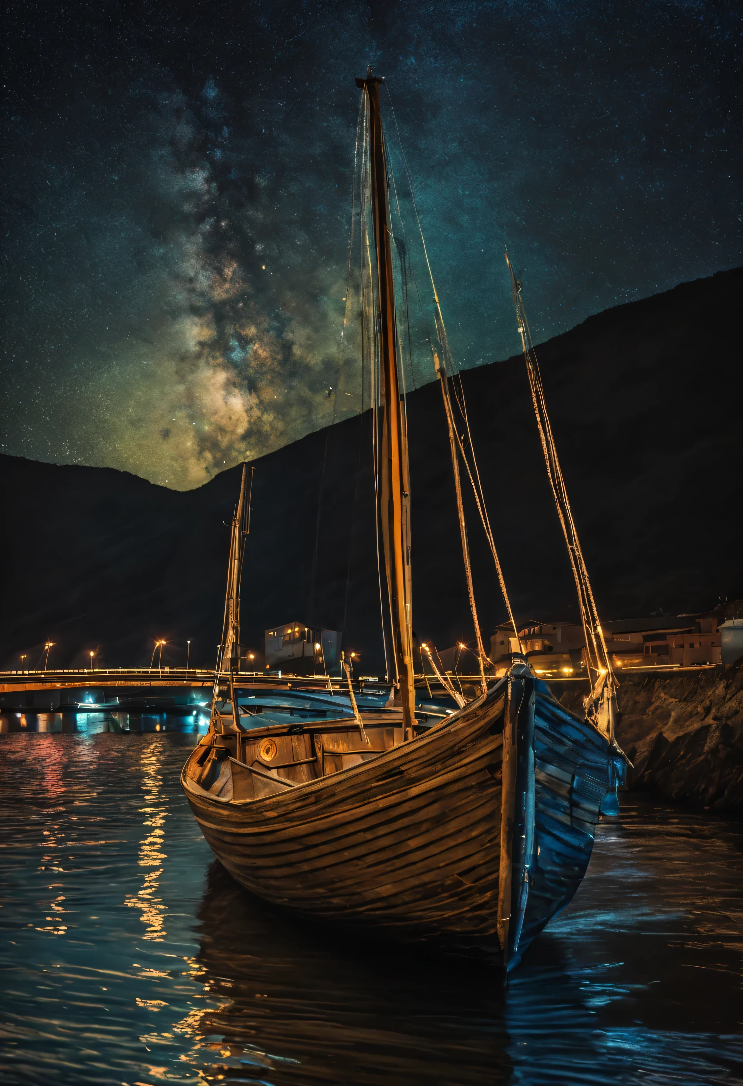 The boat goes back and forth quietly，The coast of Mades，night under the starry sky，Give it to Van Gogh to ignite，The dream is too short-lived，Shouted from the Munk Bridge, hight contrast, back lit lighting, florals, glittery, color difference, foco nítido, original color photo