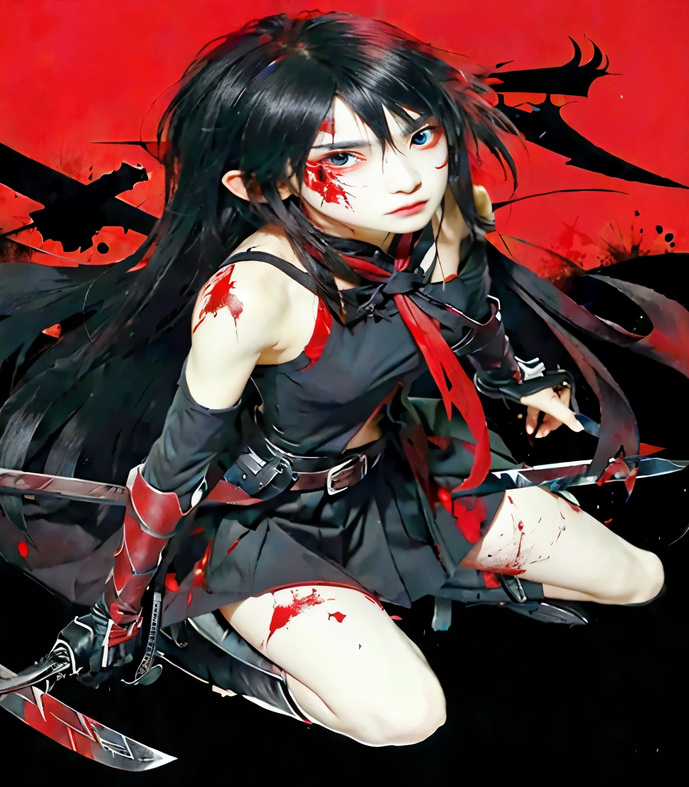 girl with blood on her face and sword in hand, gapmoe yandere grimdark, yandere,assasin, akame, realistic, ultra detail