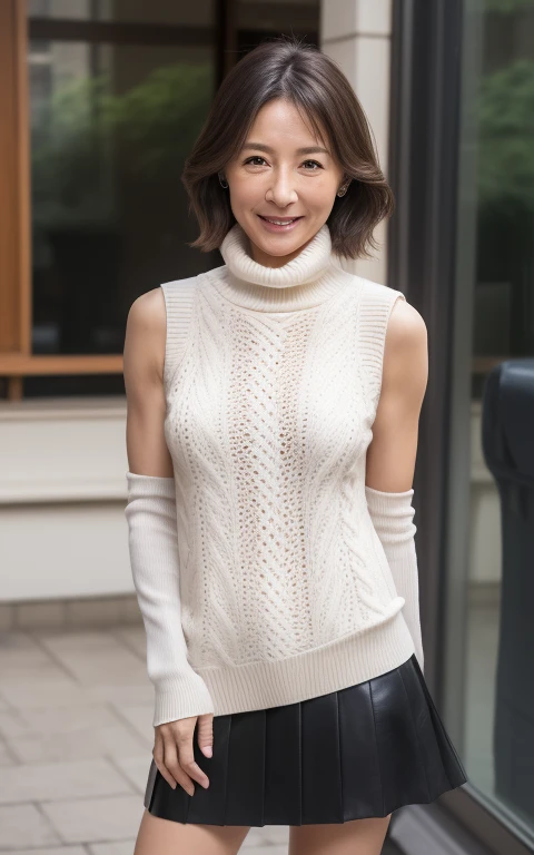 Best Quality, hight resolution, Hires, Skin definition, Detailed skin, Detailed eyes, Detailed face, 4K, 日本人A MILF, ((独奏)), (((50 years old))), (Wrinkles at the corners of the eyes:1.6), (nasolabial folds:1.3), A MILF, glamor, A sexy, Chromo-white skin, ((Wavy Longhair)), Looking at Viewer,(((my skin is old))), ((muscles are old)), (((A slender))), ((Saggy udder)), (Saggy buttocks), ((Japanese Models)), 4K, (photoRealistic:1.5), Realistic, nffsw, Beautiful, Bimbo, Perfect makeup, small diamond necklace, piercings, ((Brown coat, White turtleneck sweater, sleeveless, Argyle pattern pleated skirt, Black long boots )), ssmile, Public places,Full body photo,