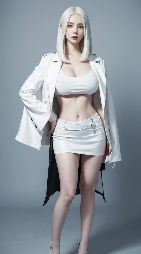 (best quality), a beautiful woman standing in dark, pale skin,long rooted white hair, elongated bob hairstyle, blue eyes, pale thin lips, white t-shirt,black leather jacket, skirt, eyeliner, perfect body, ((big breast, big hips)), detailed body, full body, super detailed, 8k