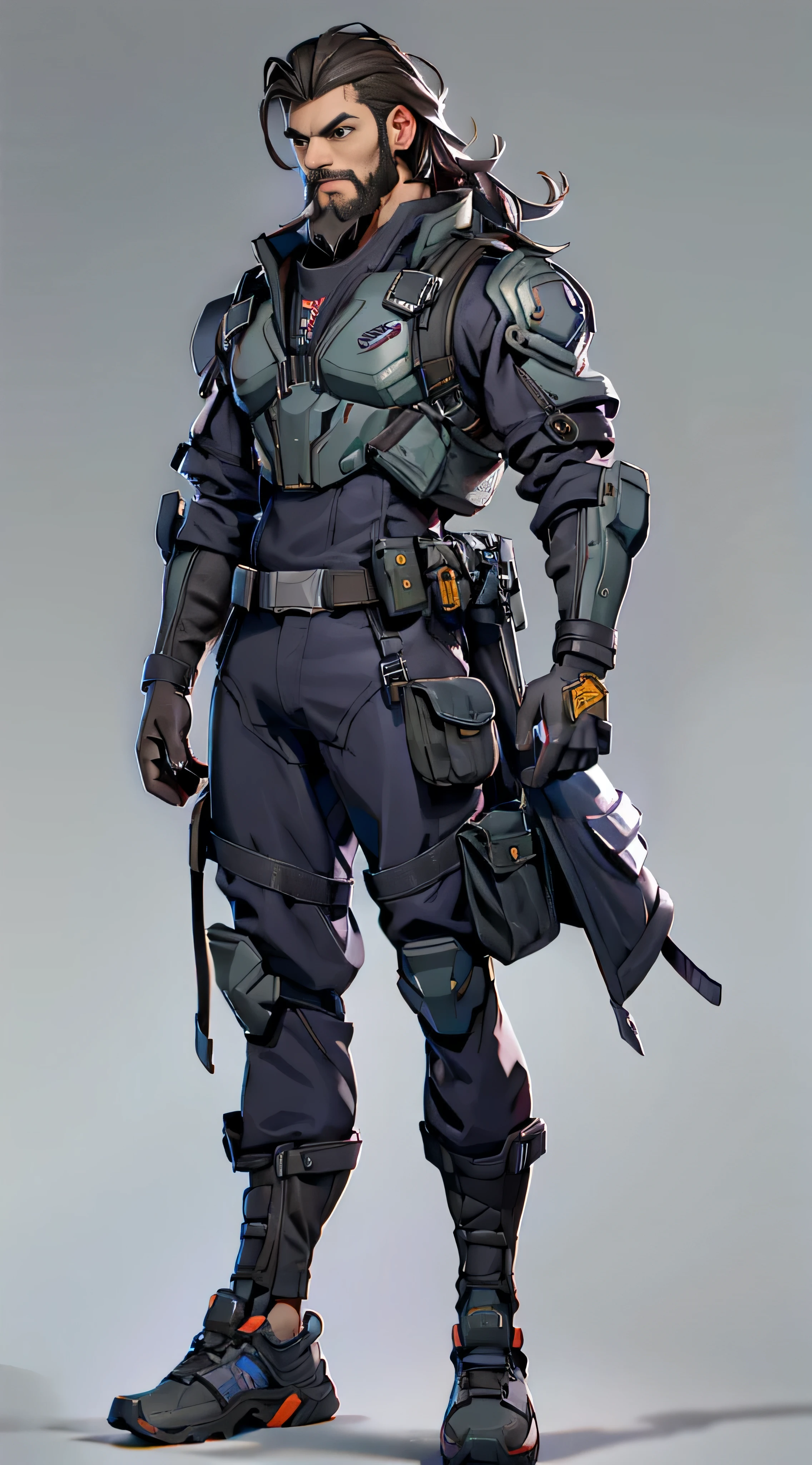 11:23(((Best quality at best: 1.4))),(Unbeatable masterpiece), (hyper HD),(Hyper-realistic 8k CG)、(Pictures from head to thighs),(Accurate structure)(dark colored hair)(Shoulders and arms equipped with technical equipment))), (((1 uncle,Grow a beard))),40-year-old American soldier has perfect figure,,delicated face,heavy muscular figure:1.2,Solid royal gray jacket with details, (Pictures from head to thighs), Complex equipment, Dark purple coat,long trousers,The clothes inside are dark,Clothes with metal technical parts,Tech Armor )