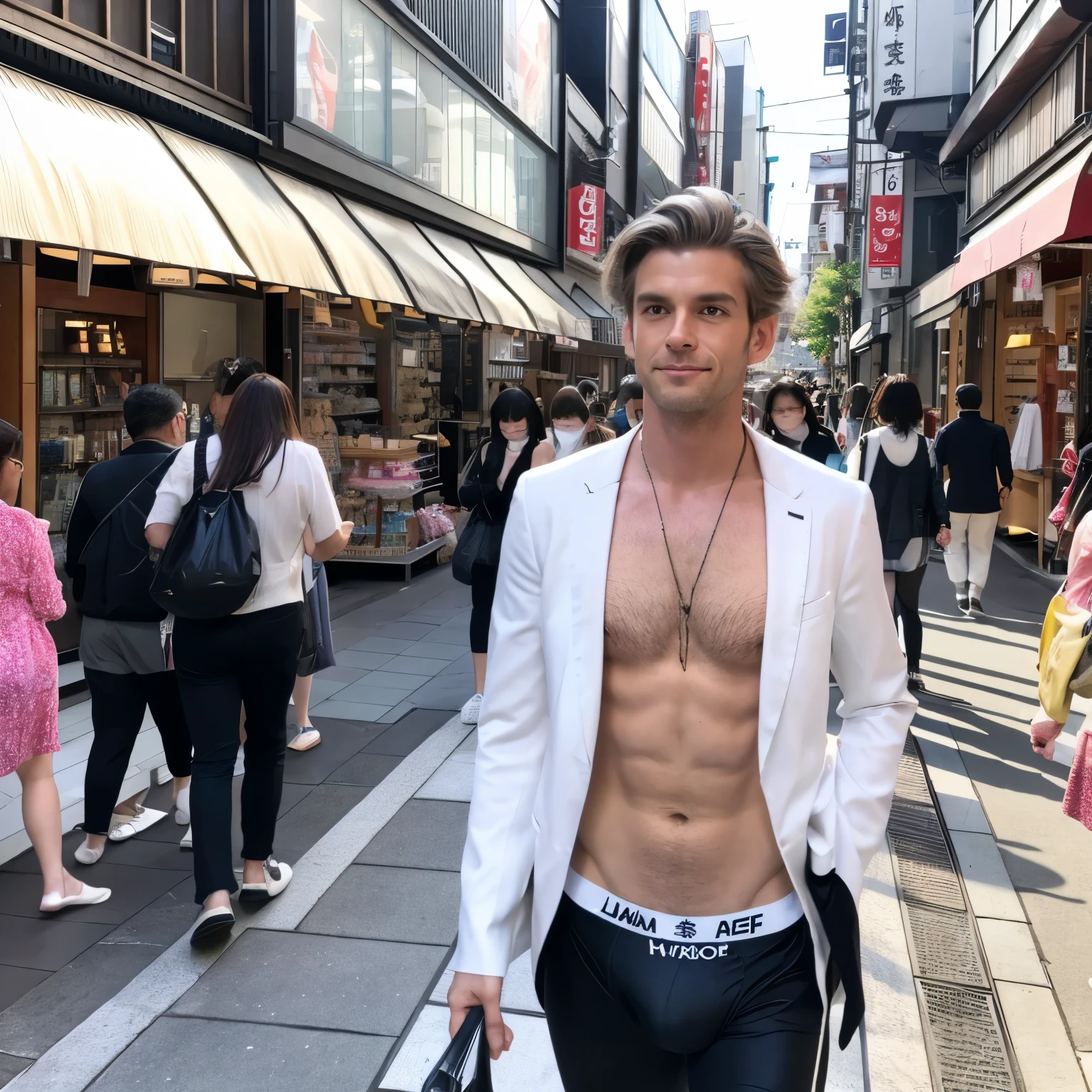 long hair white man、male people。Hair color is、wearing silver briefs、Walking through a Japanese shopping street。