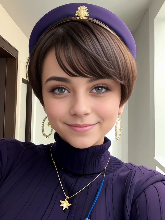 Photo of a 15-year-old European girl, RAW, beautiful woman, pecas en mejillas y nariz ,ojos azules(Light brown hair pixie haircut),corte de cabello pixie ((retrato)), ((Cara detallada:1.2)), ((Detailed facial features)), (Piel finamente detallada) ,lindo maquillaje, Purple eyeshadows on eyelids (cool color), (Masutepiece) (proporciones perfectaotos realistas)(La mejor calidad), NffSW, (8k) (papel tapiz) (cinematic lighting) (Dramatic lighting) (foco nítido) (Enrevesado) , fondo variado , linda sonrisa, cuerpo completo, hermoso cuerpo ,  gargantilla negra , aretes en forma de clip, Luna lleva un abrigo de invierno lila, guantes, his usual boots and dark purple cap , pecas en mejillas , ojos azules,foto de cuerpo completo , hermosa sonrisa  , posando para foto de cuerpo completo