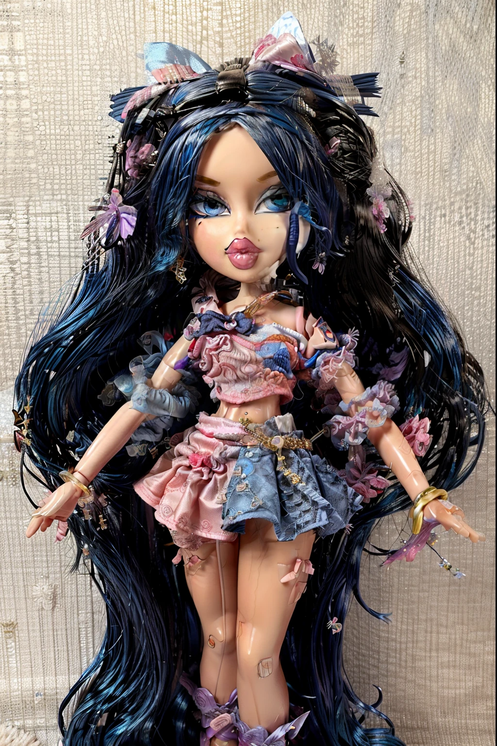 Bratz girl with detailed eyes and big lips and short purple hair, wearing versace colorful flowers dress, full body , plastic skin , doll joints , ,(masterpiece, top quality, best quality, beautiful and aesthetic:1.2), sukuna shinmyoumaru, doll, revealing clothes, big head, 1girl, solo, breasts, curvy, wide hips, narrow waist, joints, doll joints, cleavage, bursting breasts, huge breasts, lips, 1girl,minigirl,bowl hat,ahoge,purple hair, short hair,red eyes,japanese clothes,frilled kimono,obi,sash,long sleeves, wide sleeves, full body, high heels, thighhighs, long legs,