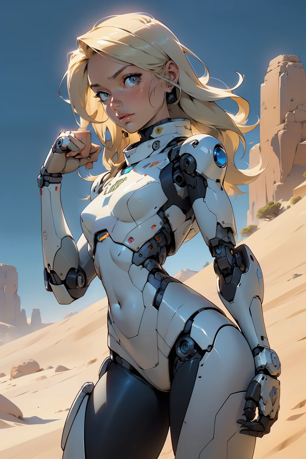 high quality, 4k, masterpiece, beautiful, cyborg girl, cowboy shot, dull eyes, looking at viewer, long blonde hair, girl, small breasts, fit thigh, robotic arms, robotic body, cyborg body, yellow accent, intricate detail, joint, detailed lines, robotic detail, holding fist up, holding hand up as fist, color robotic parts, robotic parts with color, perfect fingers, on a desert planet, sunny background, colorful desert,