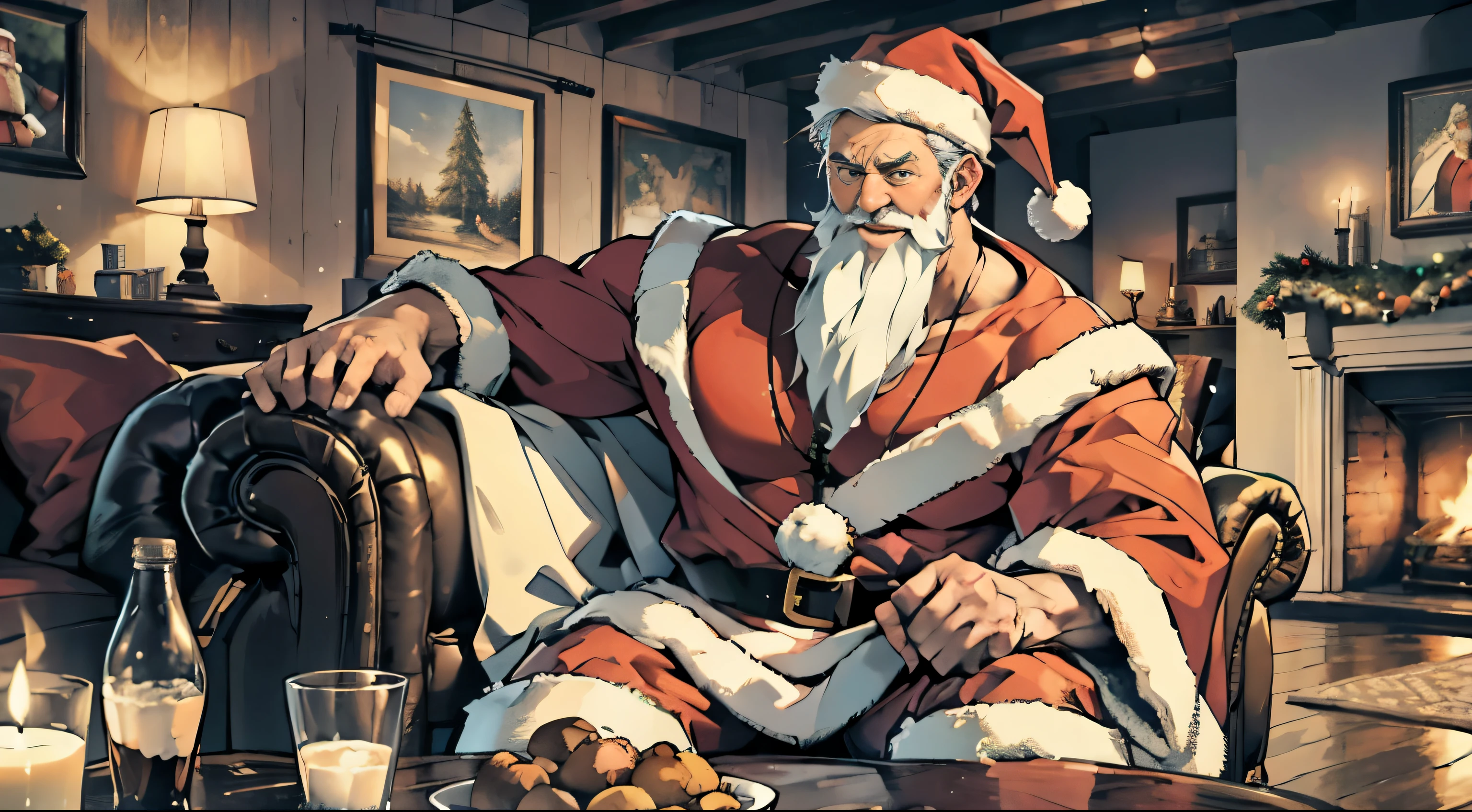 Masterpiece:1.4, Perfect Quality, Extremely detailed, cozy atmosphere, wood house, couch, Christmas decorations, holiday spirit 32k, 1male,a  photo of a ( Santa clause,an old man ,big polar bear, muscular body shape, Red Christmas costume, Black Boots, happy face), sitting on the white linean couch next to Christmas tree and drinkg cola from the bottle, coffee table in front of the couch