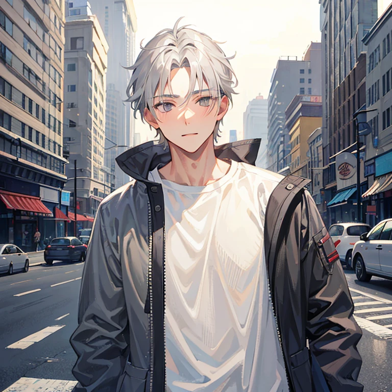 A boy with gray hair and gray eyes