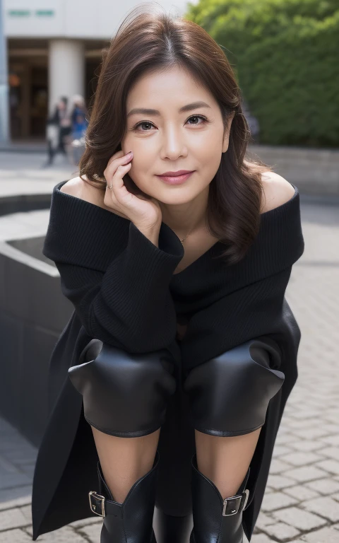 Best Quality, hight resolution, Hires, Skin definition, Detailed skin, Detailed eyes, Detailed face, 4K, 日本人A MILF, ((独奏)), (((55 years old))), (Wrinkles at the corners of the eyes:1.6), (nasolabial folds:1.3), A MILF, glamor, A sexy, Chromo-white skin, ((Wavy Longhair)), Looking at Viewer,(((my skin is old))), ((muscles are old)), (((A slender))), ((Saggy udder)), (Saggy buttocks), ((Japanese Models)), 4K, (photoRealistic:1.5), Realistic, nffsw, Beautiful, Bimbo, Perfect makeup, small diamond necklace, piercings, ((Brown coat, White off-shoulder, Houndstooth plaid pleated skirt, (Black long boots) )), ssmile, Public places,Full body photo,