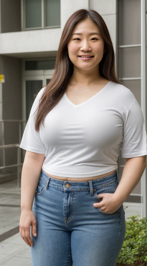 smiling woman with long brown hair and a white shirt and jeans and sneakers, this person does not exist, christy ren-tessgarman-jen zee-xision wu-lucy liu-olivia cheng-park min young-arden cho-tia carrere-ming na wen-claudia kim-katie chang-yunjin kim-min yoongi-rinko kikuchi-nichole sakura-jenna ushkowitz-jung ho seok merged, entire body visible, full body, hyperrealistic, real human skin, best quality, 8K, masterpiece, extremely intricate, medium closeup, detailed eyes, detailed face, detailed body, exaggerated features, pronounced features, fujifilm, chubby plump body, fat breasts, jiggly belly and thighs, bottom heavy, short chubby body, fat body and face, overweight, obese, standing in front of apartment building