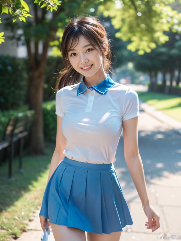 8K, masutepiece, Raw photo, Best Quality, Photorealistic, extremely detailed CG unity 8K wallpaper, depth of fields, Cinematic Light, Lens Flare, Ray tracing, (Extremely beautiful face, Beautiful lips, Beautiful eyes), intricate detail face, ((Ultra detailed skin)) 1girl in, cute asian girl, (Very slim and slender fit muscular body:1.3), ((Looking at Viewer)),(Big smile:1.3), campus, landscape, lake, Blue sky, Sunshine, Clear eyes, Walking , Front shot, (pale skin), Face forward, (Big eyes), ((upperbody shot)), ((Blue collar skirt:1.3)), (Brown hairs) (Looking at Viewer:1.3), medium breasts, open navel, poneyTail, thick thighs, 28 years old, Medium Butt