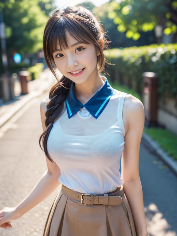 8K, masutepiece, Raw photo, Best Quality, Photorealistic, extremely detailed CG unity 8K wallpaper, depth of fields, Cinematic Light, Lens Flare, Ray tracing, (Extremely beautiful face, Beautiful lips, Beautiful eyes), intricate detail face, ((Ultra detailed skin)) 1girl in, cute asian girl, (Very slim and slender fit muscular body:1.3), ((Looking at Viewer)),(Big smile:1.3), campus, landscape, lake, Blue sky, Sunshine, Clear eyes, Walking , Front shot, (pale skin), Face forward, (Big eyes), ((upperbody shot)),  ((Blue collar skirt:1.3)), (Brown hairs) (Looking at Viewer:1.3), medium breasts, open navel, poneyTail, thick thighs, 28 years old, Medium Butt