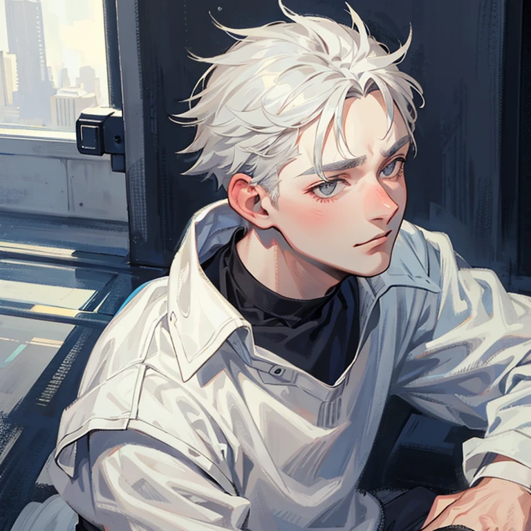 A boy with gray hair and gray eyes
