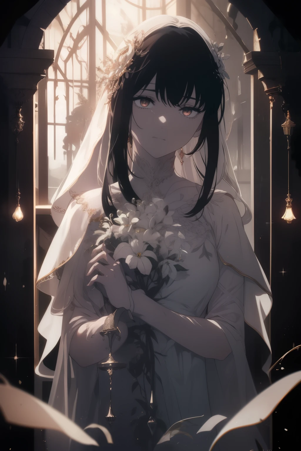 Cinematic Effects, Fancy Effects, Intricate Details, Solo, 1 Maiden, (2D + Crooked Bob: 1.2), Delicate Eyes, Dress, Garden, Ultra Wide Angle Lens, Sunlight, Light and Shadow, Religious, Holy, White and Tender Complexion, Quiet ,,,, Afternoon, Long Hair, Purity
