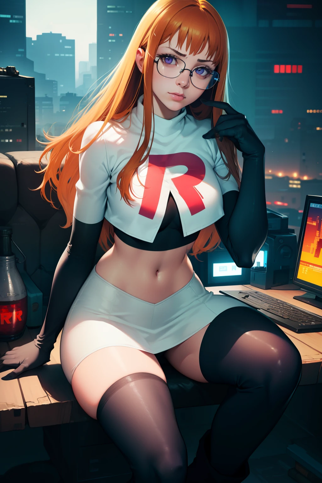 futaba sakura, orange hair, long hair, purple eyes, glasses, team rocket, team rocket uniform, red letter R, white skirt, white crop top, black thigh-high boots, black elbow gloves, hacking a computer (best quality,4k,8k,highres,masterpiece:1.2), ultra-detailed, (realistic,photorealistic,photo-realistic:1.37), cyberpunk, portraits, vibrant colors, dramatic lighting, pixel art