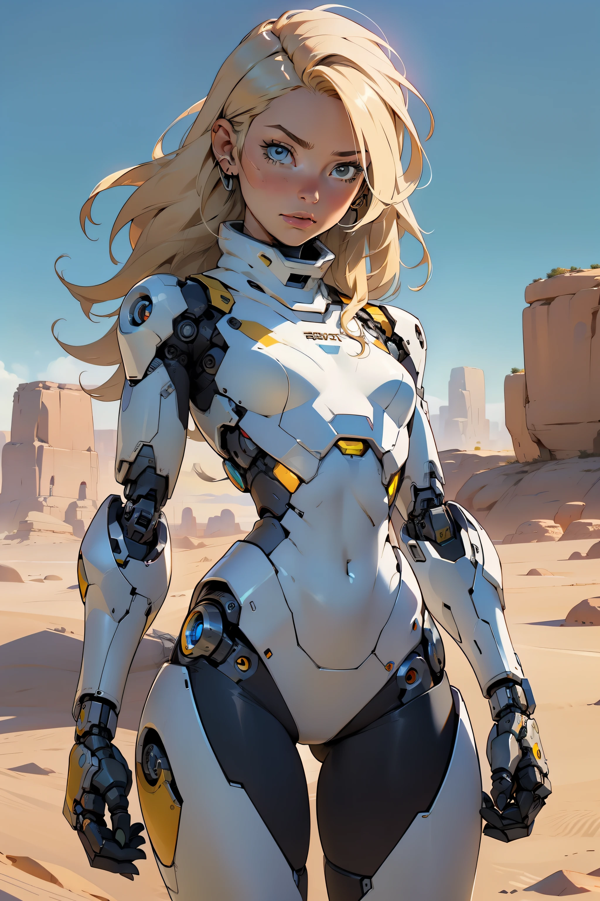 high quality, 4k, masterpiece, beautiful, cyborg girl, cowboy shot, dull eyes, looking at viewer, long blonde hair, girl, small breasts, fit thigh, robotic arms, robotic body, cyborg body, yellow accent, intricate detail, joint, detailed lines, robotic detail, holding fist up, holding hand up as fist, color robotic parts, robotic parts with color, perfect fingers, on a desert planet, sunny background, colorful desert,