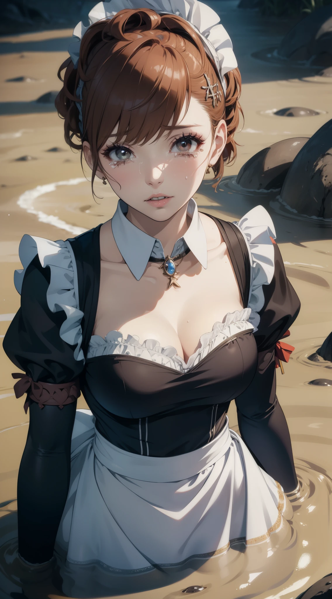 kotone, detailed lighting, beautiful, illustration, highly detailed, absurdres, looking at viewer, beautiful detailed eyes, makeup, glossy lips, lips parted, tears, crying, short puffy sleeves, cleavage, maid apron, (maid), (quicksand:1.3)