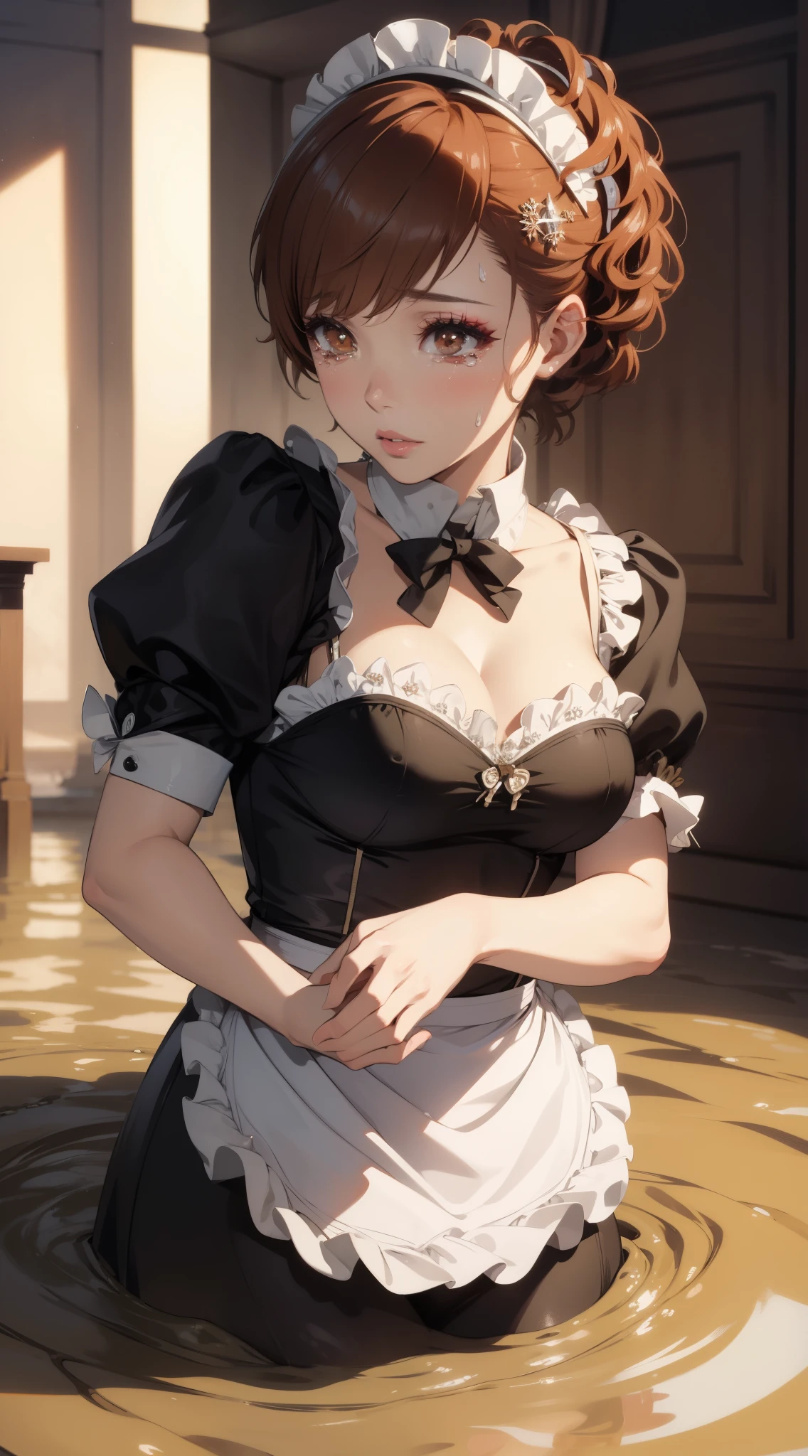 kotone, detailed lighting, beautiful, illustration, highly detailed, absurdres, looking at viewer, beautiful detailed eyes, makeup, glossy lips, lips parted, tears, crying, short puffy sleeves, cleavage, maid apron, (maid), (quicksand:1.3)