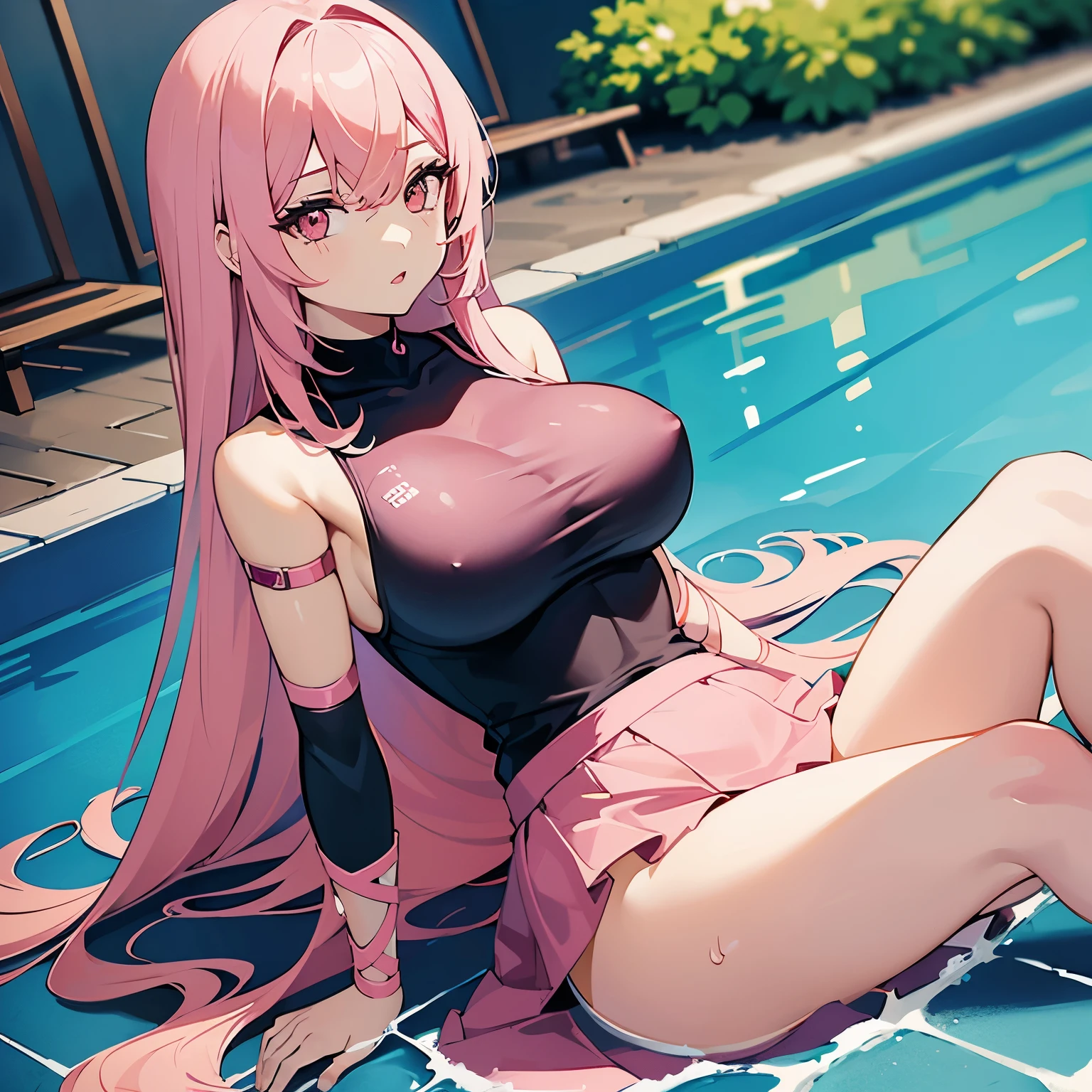 Girl, long pink hair, pink eyes, cute, big breasts, medium thighs, sexy, at pool