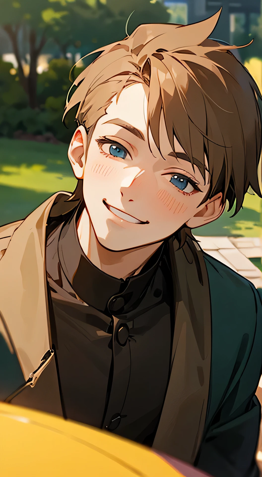 Young man smiling and looking at the camera, Park background, Portrait, 2D, Above the chest