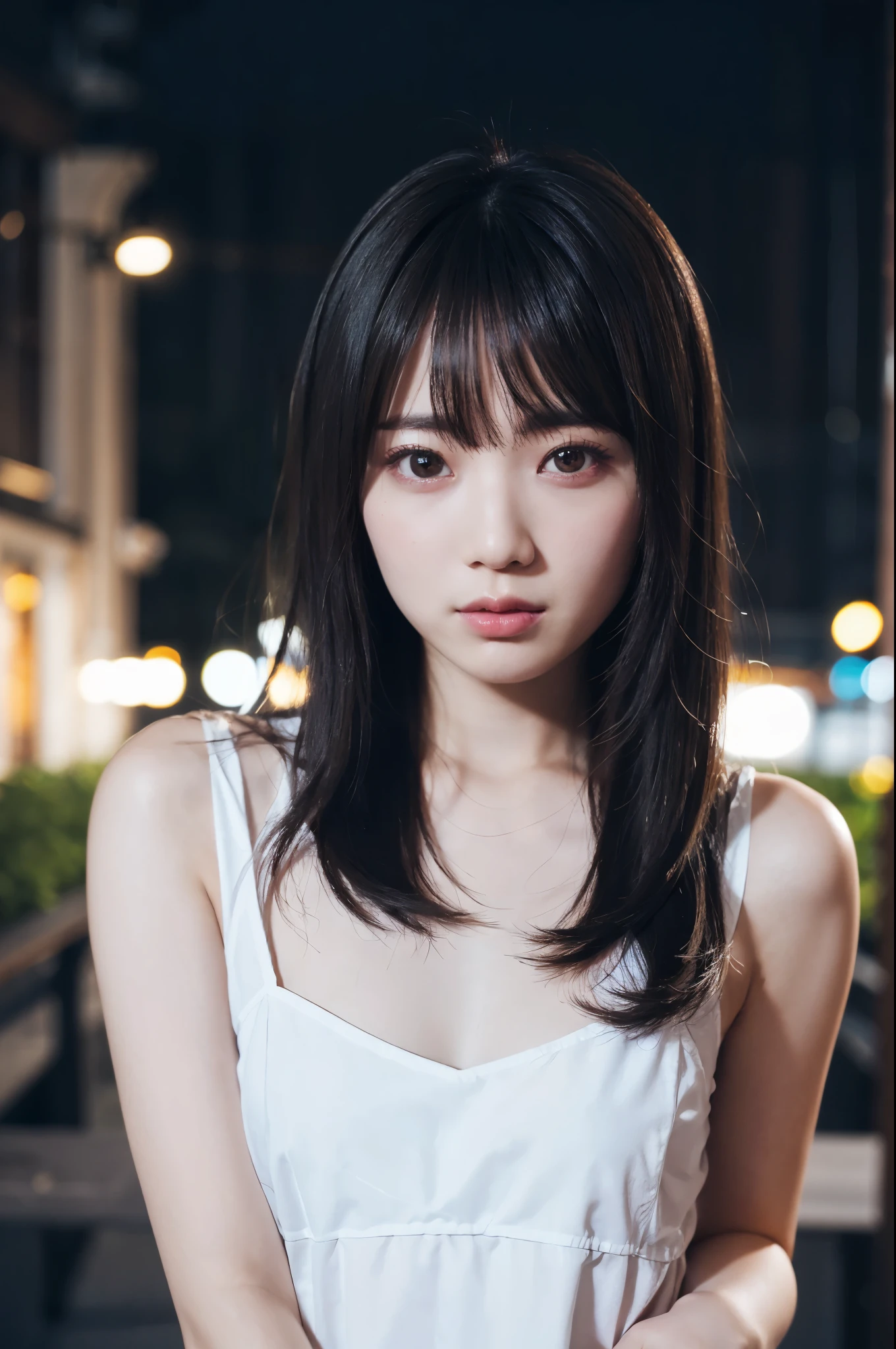 masterpiece, best quality, 8k, , teenw photo, absurdres, award winning portrait, solo, night, neon, idol face, violaceaess, gardeniass, delicate girl, upper body, DSLR, looking at viewer, candid, sophisticated, youthful, thin arms, professional lighting, film grain, chromatic aberration, (detailed eyes and face:1.0), (bokeh:1.1)