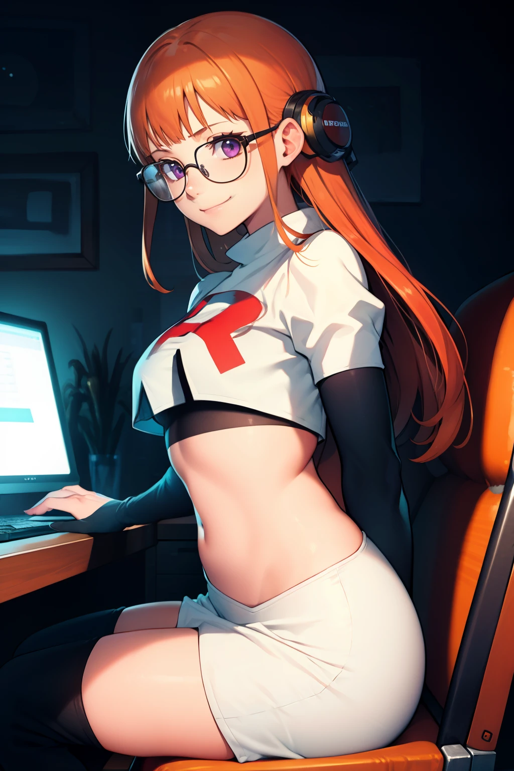 futaba sakura, orange hair, long hair, purple eyes, glasses, team rocket, team rocket uniform, red letter R, white skirt, white crop top, black thigh-highs boots black elbow gloves, evil smile, sitting in front of a computer, sitting on computer chair, typing on the computer keyboard, looking at the computer screen, looking away from viewer, looking at the computer