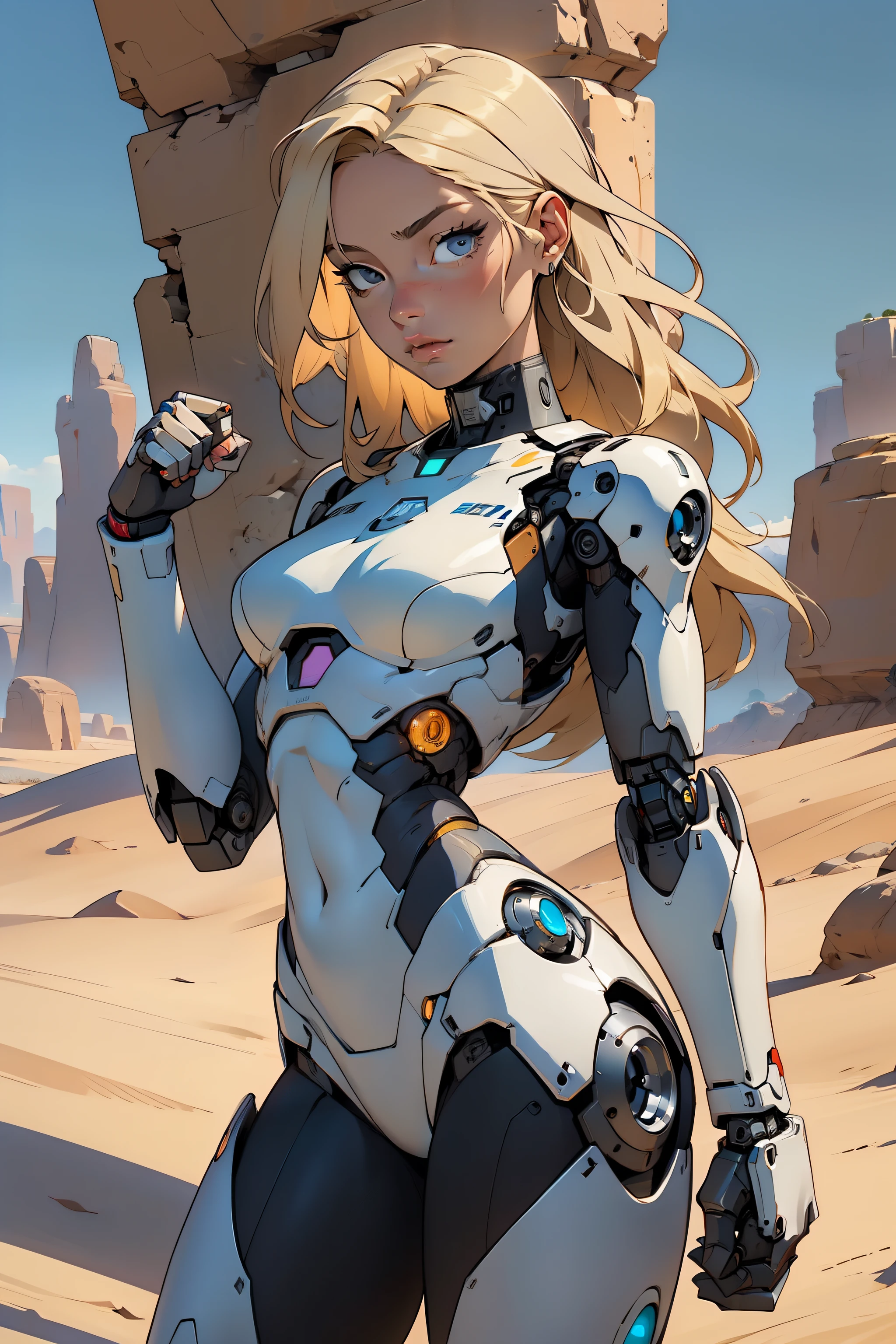 high quality, 4k, masterpiece, beautiful, cyborg girl, cowboy shot, dull eyes, looking at viewer, long blonde hair, girl, small breasts, fit thigh, robotic arms, robotic body, cyborg body, yellow accent, intricate detail, joint, detailed lines, robotic detail, holding fist up, holding hand up as fist, color robotic parts, robotic parts with color, perfect fingers, on a desert planet, sunny background, colorful desert,