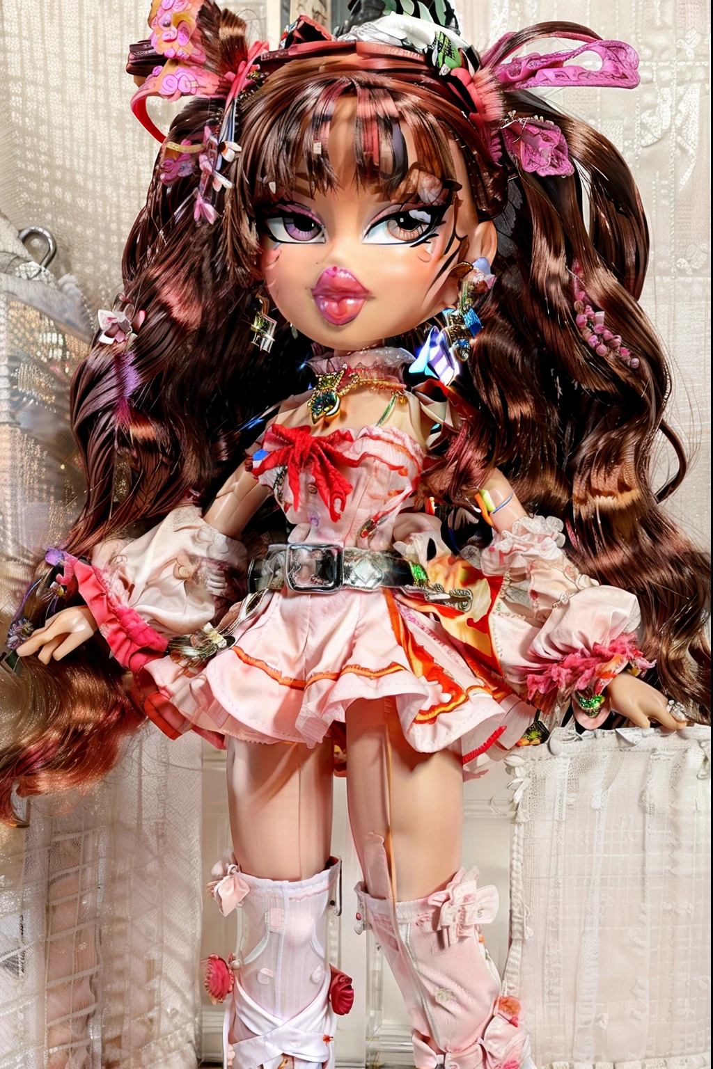 Bratz girl with detailed eyes and big lips and black straight hair, wearing versace colorful flowers dress , full body , plastic skin , doll joints , ,(masterpiece, top quality, best quality, beautiful and aesthetic:1.2), houraisan_kaguya_touhou, doll, revealing clothes, big head, 1girl, solo, breasts, curvy, wide hips, narrow waist, joints, doll joints, cleavage, bursting breasts, huge breasts, lips, long_hair, black_hair, very_long_hair, bow, smile, bangs, red_eyes, brown_eyes, full body, high heels, thighhighs