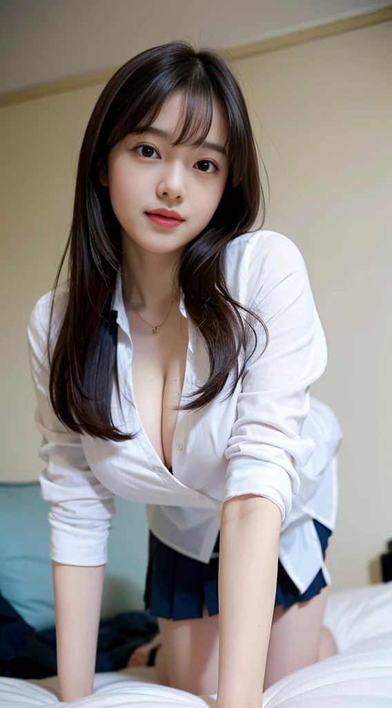 (all fours on bed, looking down, from below), 1 woman, thighs, cleavage:0.2, school uniform, , realistic, raw photo, white shirt, pleated skirt, roafer, medium hair, bangs, looking at viewer, best quality, large breast, yoga pose