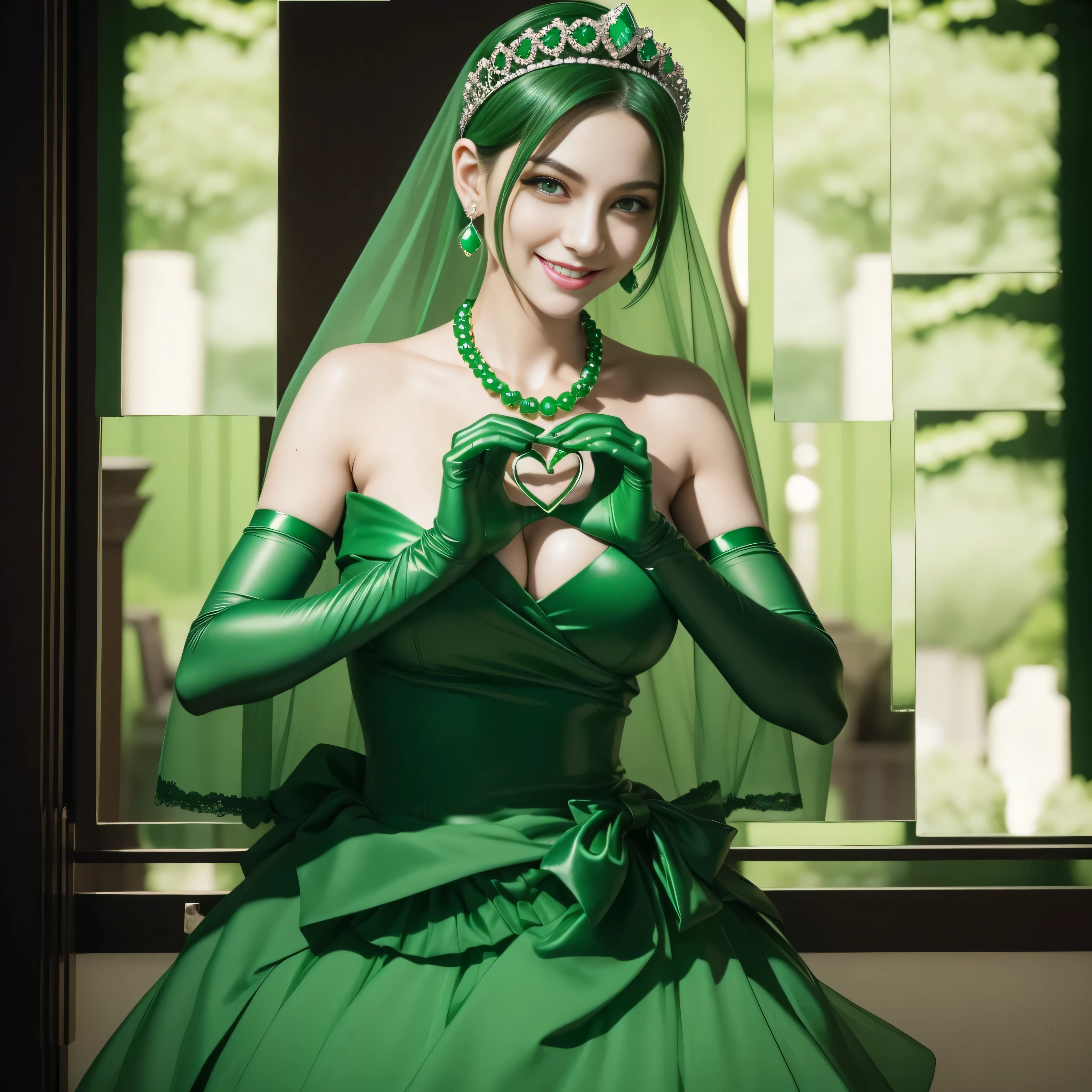 emerald tiara, Green Pearl Necklace, Boyish very short green hair, lipsticks, Japan woman smiling, very short short hair, big breasts beautiful, Green eyes, Long green gloves made of satin material, Green eyes, Emerald Earrings, green vale, 両Heart in the hand, Heart in the hand