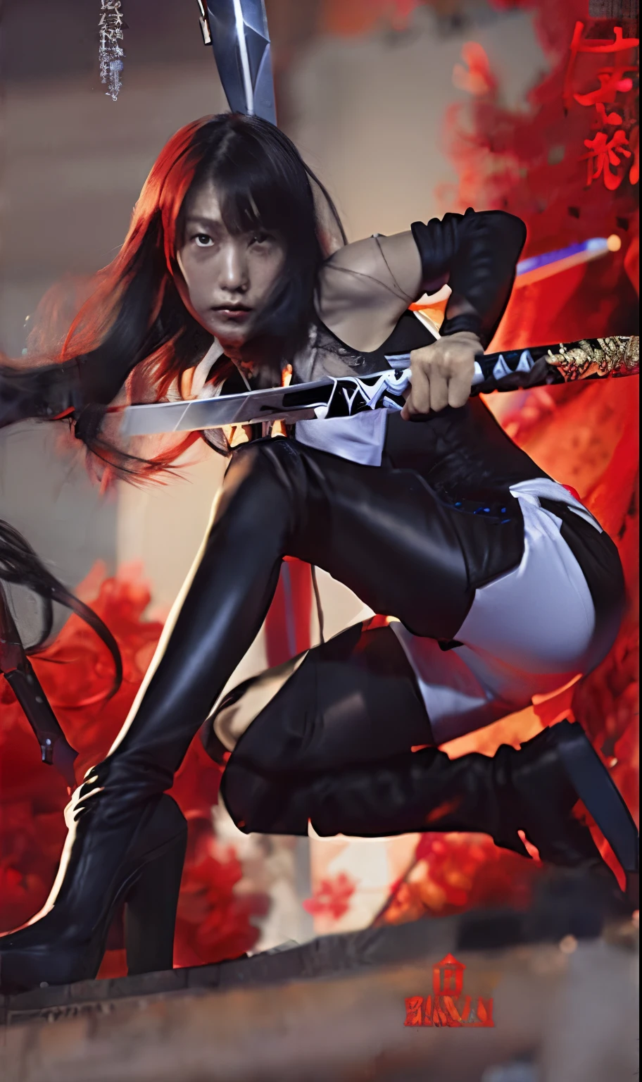 a woman in a black and white outfit holding a sword, Blake, badass pose, realistic, ultra detail