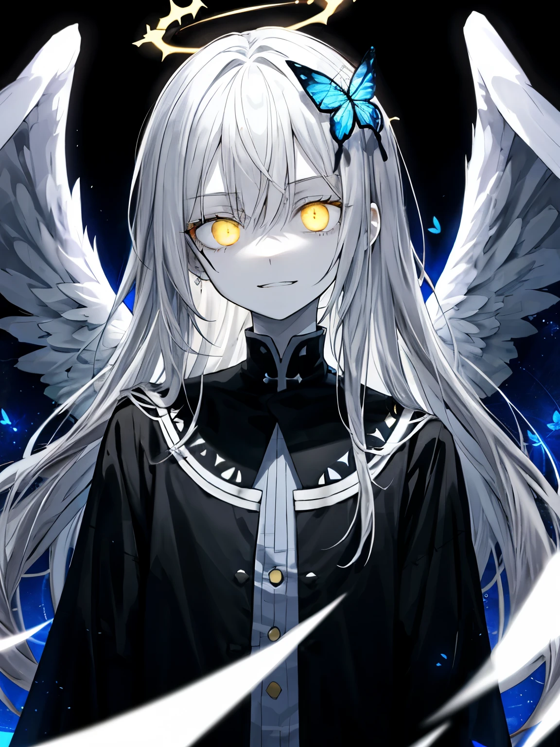 Best Quality、masutepiece、Ultra-detailed、face perfect、Extremely detailed、Extremely delicate、1 boy, (Scary), Angel, Gorgeolanche'The halo), Dark, Glowing eyes, Pale yellow eyes, Angel wings, holy, greyt hair, black tunic, 2対のblanche angel wings, which are full of confidence, Evil smile、 Keep your mouth shut、Expressive eyes, collofull eyes, Contrasty, shadowy, masutepiece, Digital Art, Glowing eyes, Intimidating, corrupted, Demonic, Abstract background, blanche, black and yellow、両手にblancheく輝く星を浮かばせる、fear、A light blue butterfly dances