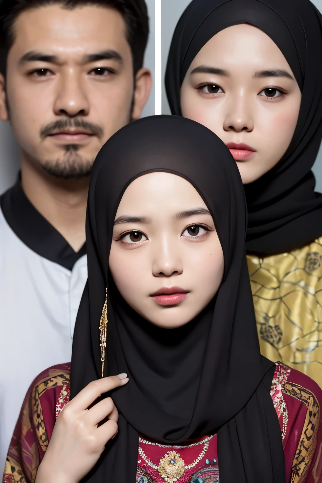 hyper ultra realistic photographs of a ((best quality)), ((masterpiece)), (detailed), perfect face, ultra realistic family portrait Indonesia batik, Muslim clothes, 1 man 48yo, 1 woman 47yo, 1 boy 18yo, 1girl yo, 1boy 8yo, Esthetic. ratio 16:9, 4k, 8k resolution, High quality photo, high detailed images