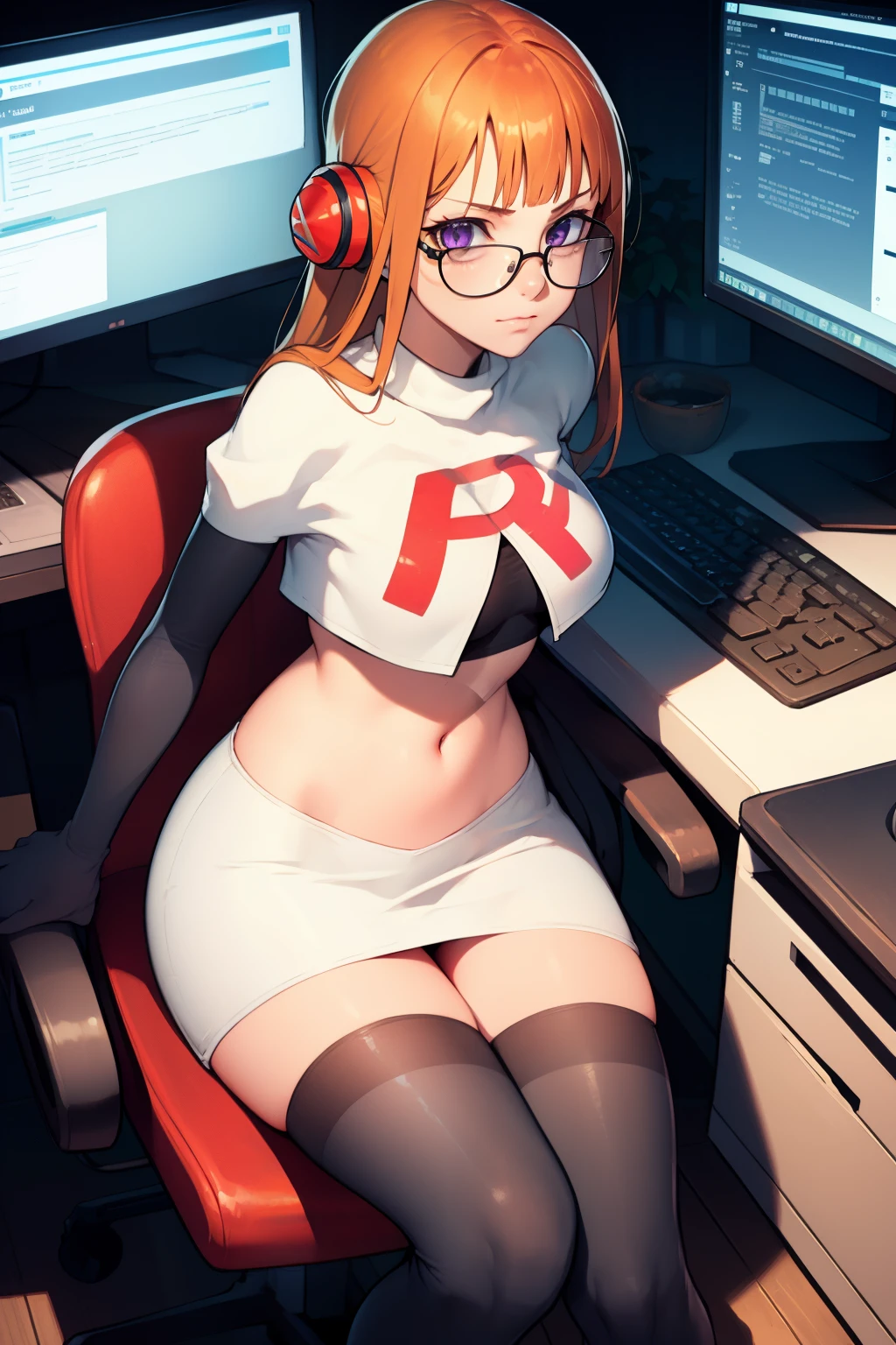 futaba sakura, orange hair, long hair, purple eyes, glasses, team rocket, team rocket uniform, red letter R, white skirt, white crop top, black thigh-highs boots black elbow gloves, evil face, sitting in front of a computer, sitting on computer chair, typing on the computer keyboard, looking at the computer screen, looking away from viewer, looking at the computer, hacking the computer, not looking at the viewer