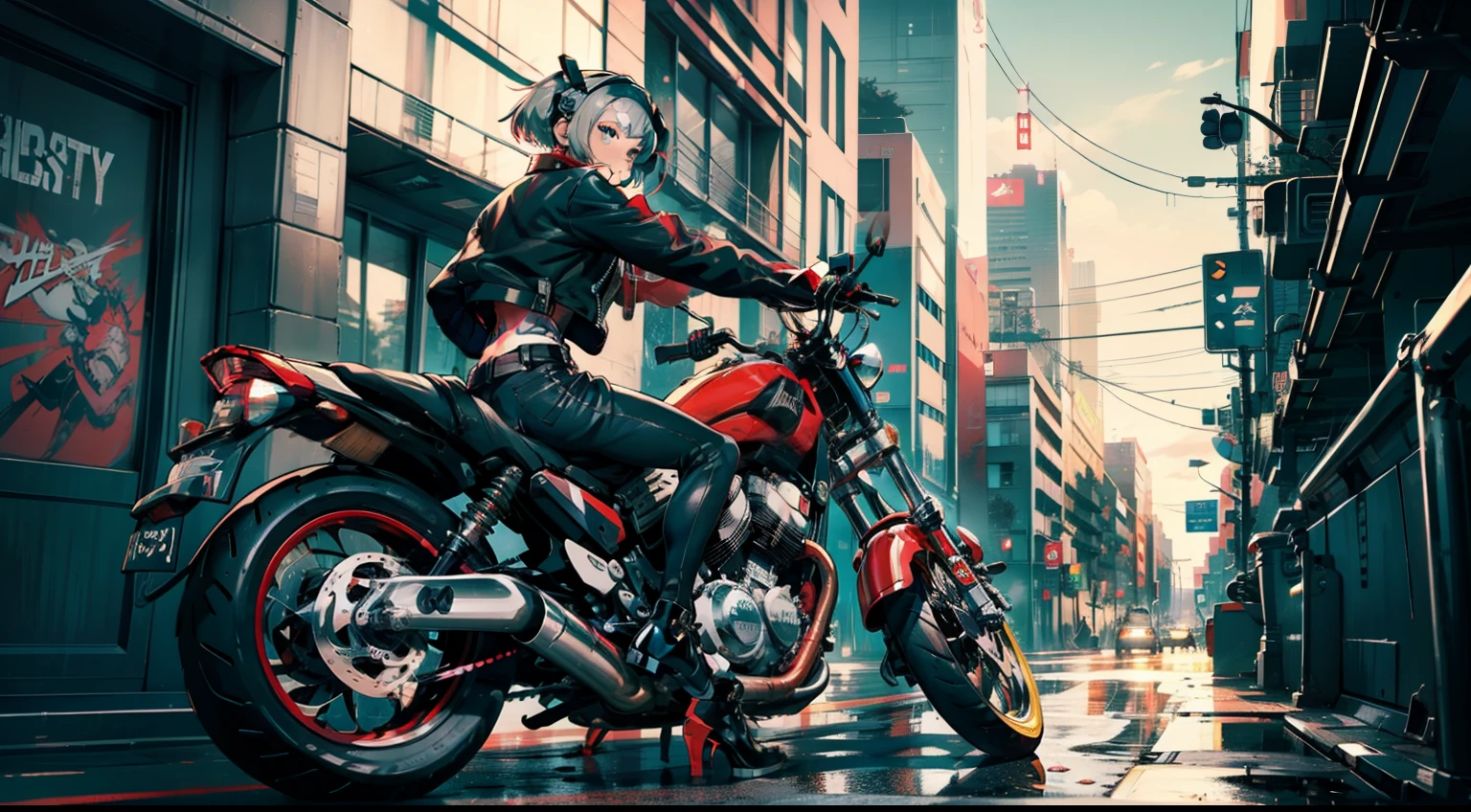 cyberpunked、girl with、mechanic、comical、Anime style、Gray and dark hair、motor bikes、Rider Jacket、punk coloring、sity、ナイトsity、group、street fighter、gladiator