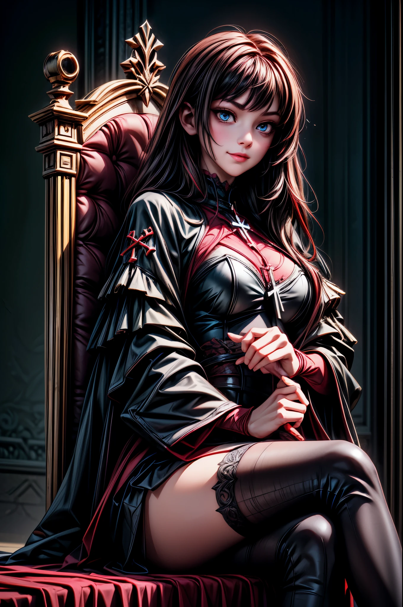 Dark Fantasy Art, dark, moody, dark fantasy style,, forward-thinking, by tsubonari, 1 pretty woman, sitting cross-legged, sitting cross-legged with a flirtatious smile, exuding charm and elegance, detailed eyes, dramatic angle, masterpiece, best quality, highly detailed