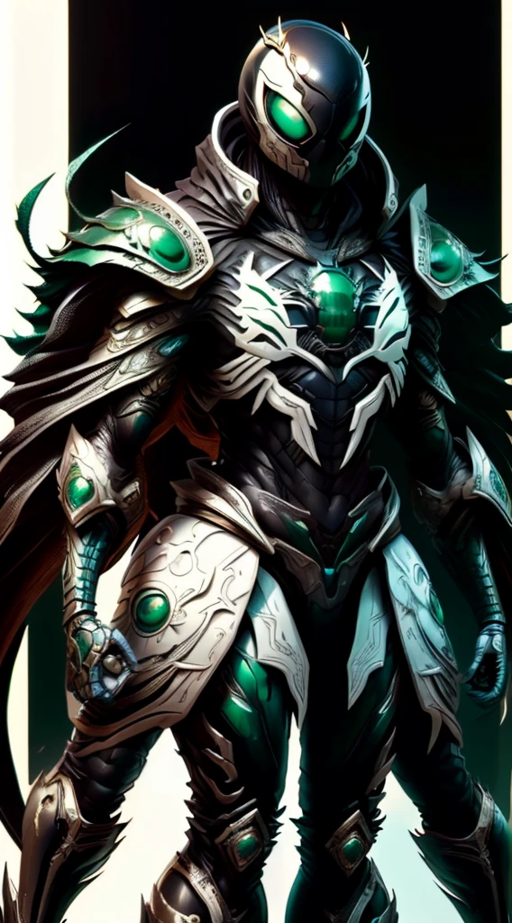 Man, Adult, Full body, Slim body, with spider style, with spider style armor, the armor is white, the armor has green details, the details are lines, the lines cross close, with closed helmet , that the helmet has a spider style, that the helmet has a spider jaw, with an attached visor, that the visor is yellow, that the design of the armor is adventurous, that it has spider limbs, that the limbs come out of its back , that the forearms of the armor are black, with black leather shoulder pads, that the armor has a spider web on the breastplate, that the spider web is emerald green, that the spider web is shiny, that it is standing, body comoleto, that has a closed fist, that points the fist in a sign of victory, (With good quality), (8K), (Masterpiece), with a good level of detail, with epic focus, that maintains a slim figure, that is posing, let the pose be standing.