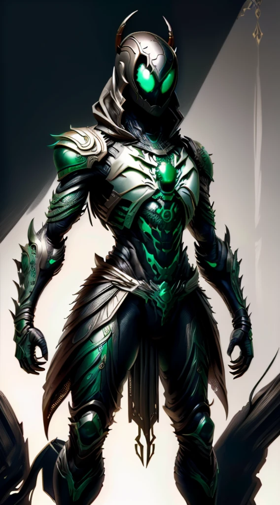 Man, Adult, Full body, Slim body, with spider style, with spider style armor, the armor is white, the armor has green details, the details are lines, the lines cross close, with closed helmet , that the helmet has a spider style, that the helmet has a spider jaw, with an attached visor, that the visor is yellow, that the design of the armor is adventurous, that it has spider limbs, that the limbs come out of its back , that the forearms of the armor are black, with black leather shoulder pads, that the armor has a spider web on the breastplate, that the spider web is emerald green, that the spider web is shiny, that it is standing, body comoleto, that has a closed fist, that points the fist in a sign of victory, (With good quality), (8K), (Masterpiece), with a good level of detail, with epic focus, that maintains a slim figure, that is posing, let the pose be standing.