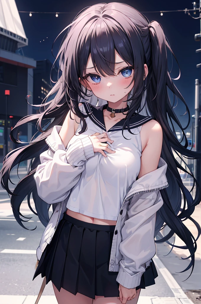 best quality, ultra precision, 1girl, cute, little girl, young, boyish, childish, black hair, messy hair, blue eyes, beautiful eyes, girl, ???????, sailor collar, ??????, metestrus, start to undress, naughty mood, she loves you, lost virgin, virgin, blush, sexy, beautiful skin, big bow on chest, BLUE SWEATER, WHITE SHIRT, SHIRT UNDER SWEATER, OFF SHOULDER TOP) TSUNDERE 18 YEARS Short black skirt Hands on chest