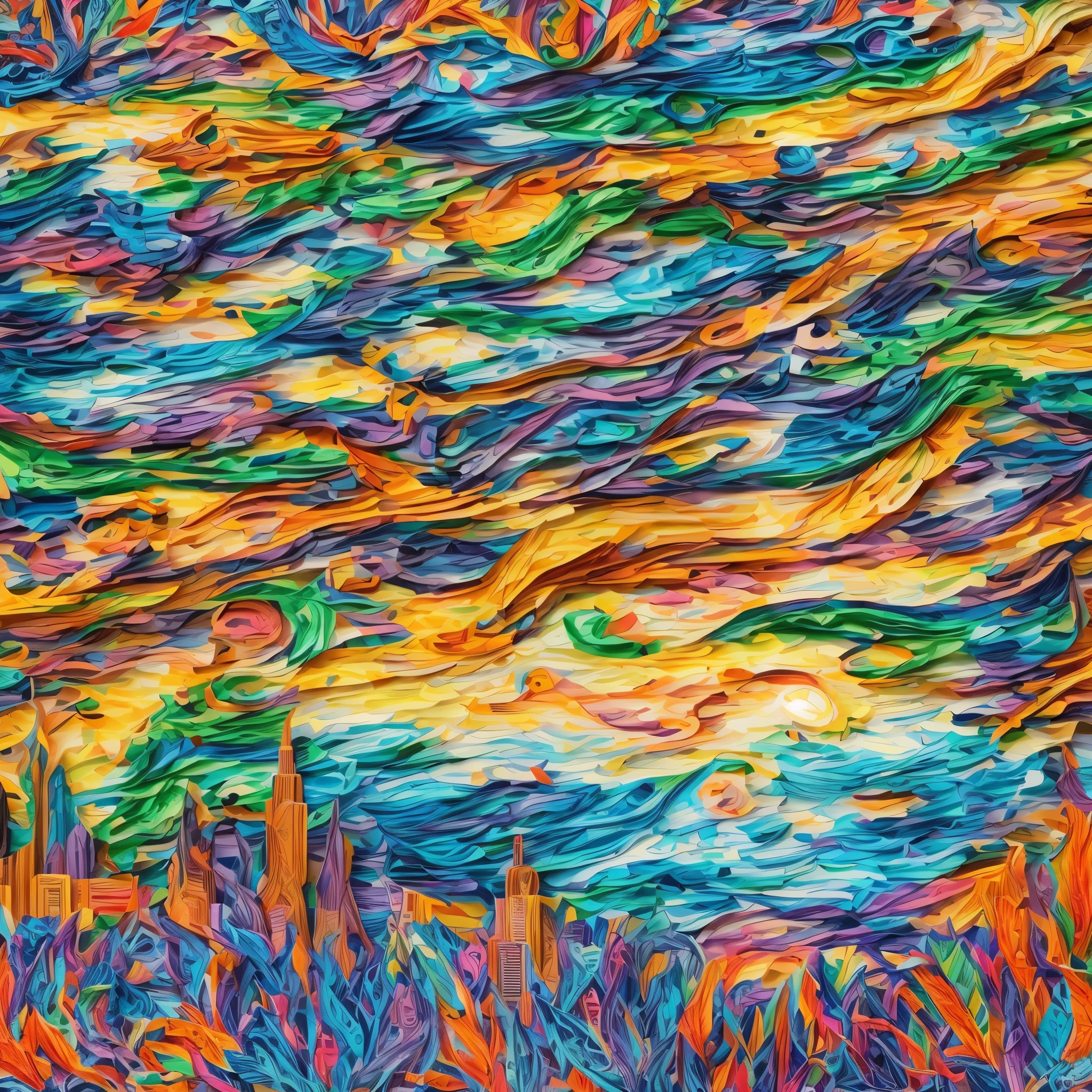 Colorful scenery ( arte em papel cortado: 1.5) of Manhattan skyline during dawn, a tmasterpiece award winning ( arte em papel cortado picture: 1.5), Manhattan skyline sky scraper, Hudson river, during dawn, The finest details, Best quality at best, 16k, [ultra - detailed], tmasterpiece, Best quality at best, (ultra - detailed), full bodyesbian, super wide shot, realisticlying,