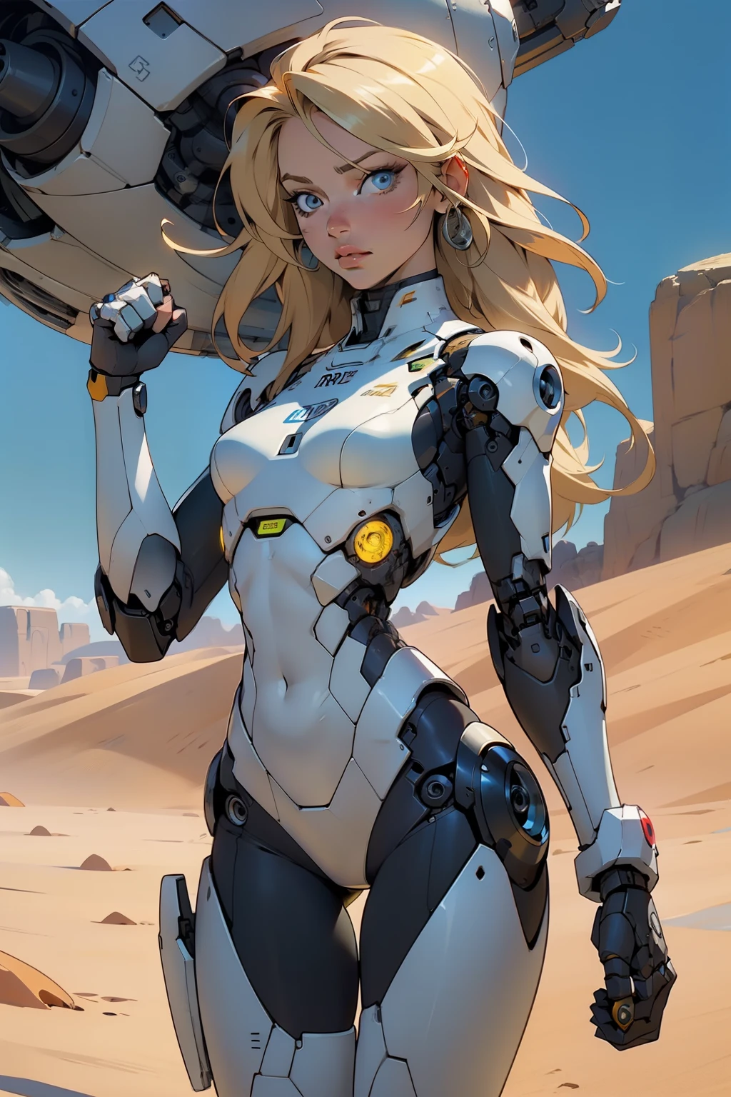 high quality, 4k, masterpiece, beautiful, cyborg girl, cowboy shot, dull eyes, looking at viewer, long blonde hair, girl, small breasts, fit thigh, robotic arms, robotic body, cyborg body, yellow accent, intricate detail, joint, detailed lines, robotic detail, holding fist up, holding hand up as fist, color robotic parts, robotic parts with color, perfect fingers, on a desert planet, sunny background, colorful desert,