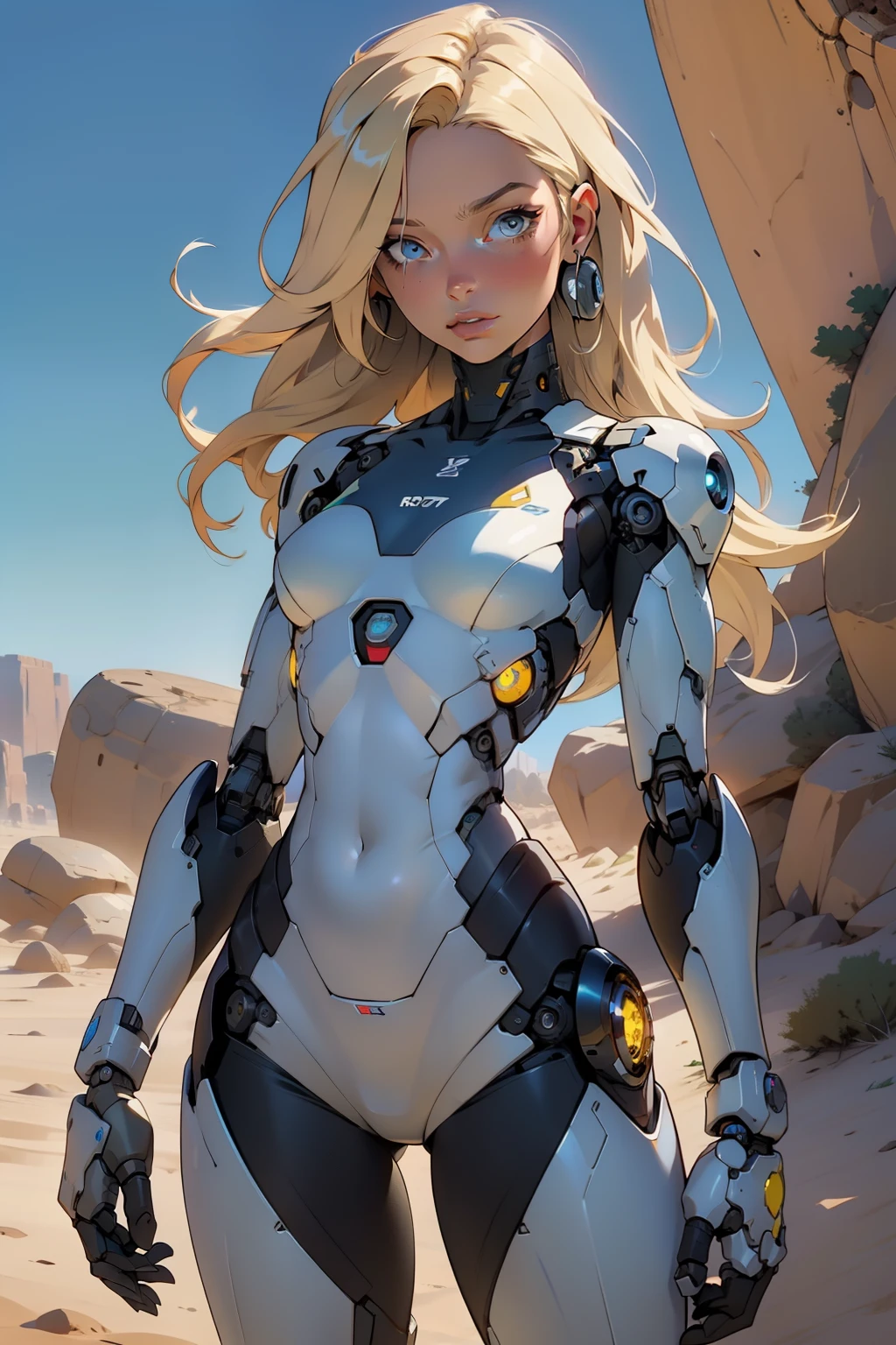 high quality, 4k, masterpiece, beautiful, cyborg girl, cowboy shot, dull eyes, looking at viewer, long blonde hair, girl, small breasts, fit thigh, robotic arms, robotic body, cyborg body, yellow accent, intricate detail, joint, detailed lines, robotic detail, holding fist up, holding hand up as fist, color robotic parts, robotic parts with color, perfect fingers, on a desert planet, sunny background, colorful desert,