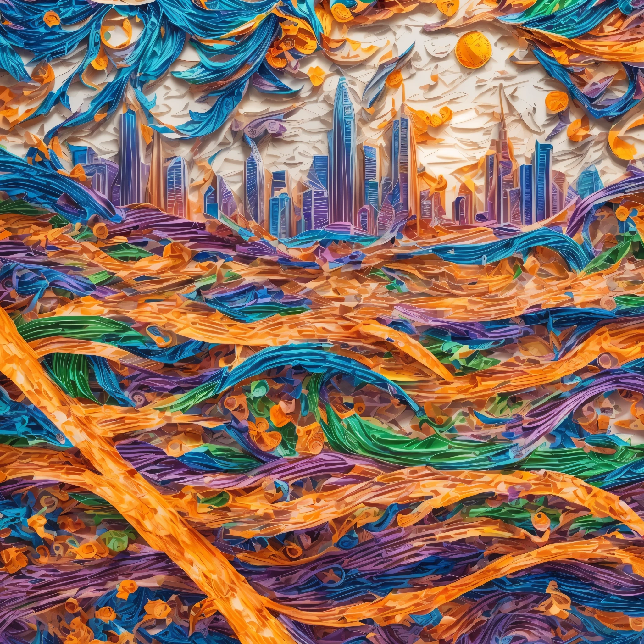 Colorful scenery ( arte em papel cortado: 1.5) of Manhattan skyline during dawn, a tmasterpiece award winning ( arte em papel cortado picture: 1.5), Manhattan skyline sky scraper, Hudson river, during dawn, The finest details, Best quality at best, 16k, [ultra - detailed], tmasterpiece, Best quality at best, (ultra - detailed), full bodyesbian, super wide shot, realisticlying,