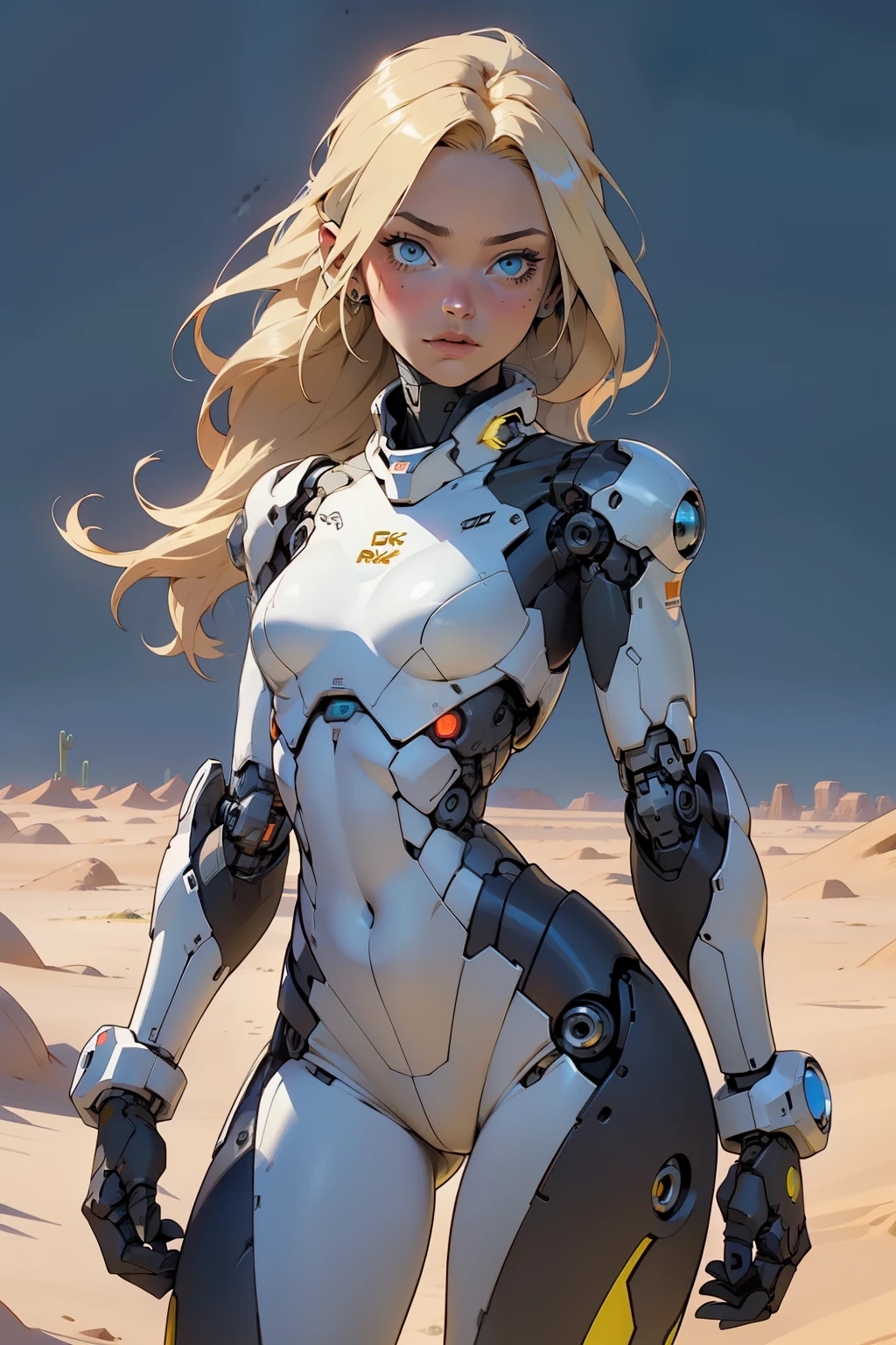 high quality, 4k, masterpiece, beautiful, cyborg girl, cowboy shot, dull eyes, looking at viewer, long blonde hair, girl, small breasts, fit thigh, robotic arms, robotic body, cyborg body, yellow accent, intricate detail, joint, detailed lines, robotic detail, holding fist up, holding hand up as fist, color robotic parts, robotic parts with color, perfect fingers, on a desert planet, sunny background, colorful desert,